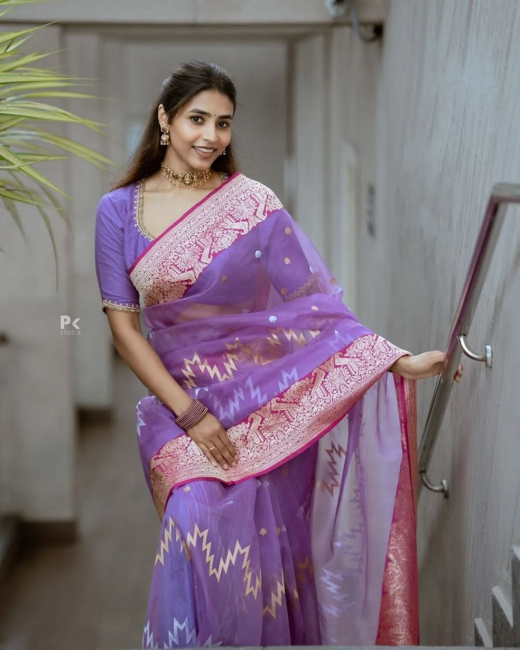 icultural Sheer Saree with Pink Zari Border & Ikat Motifs