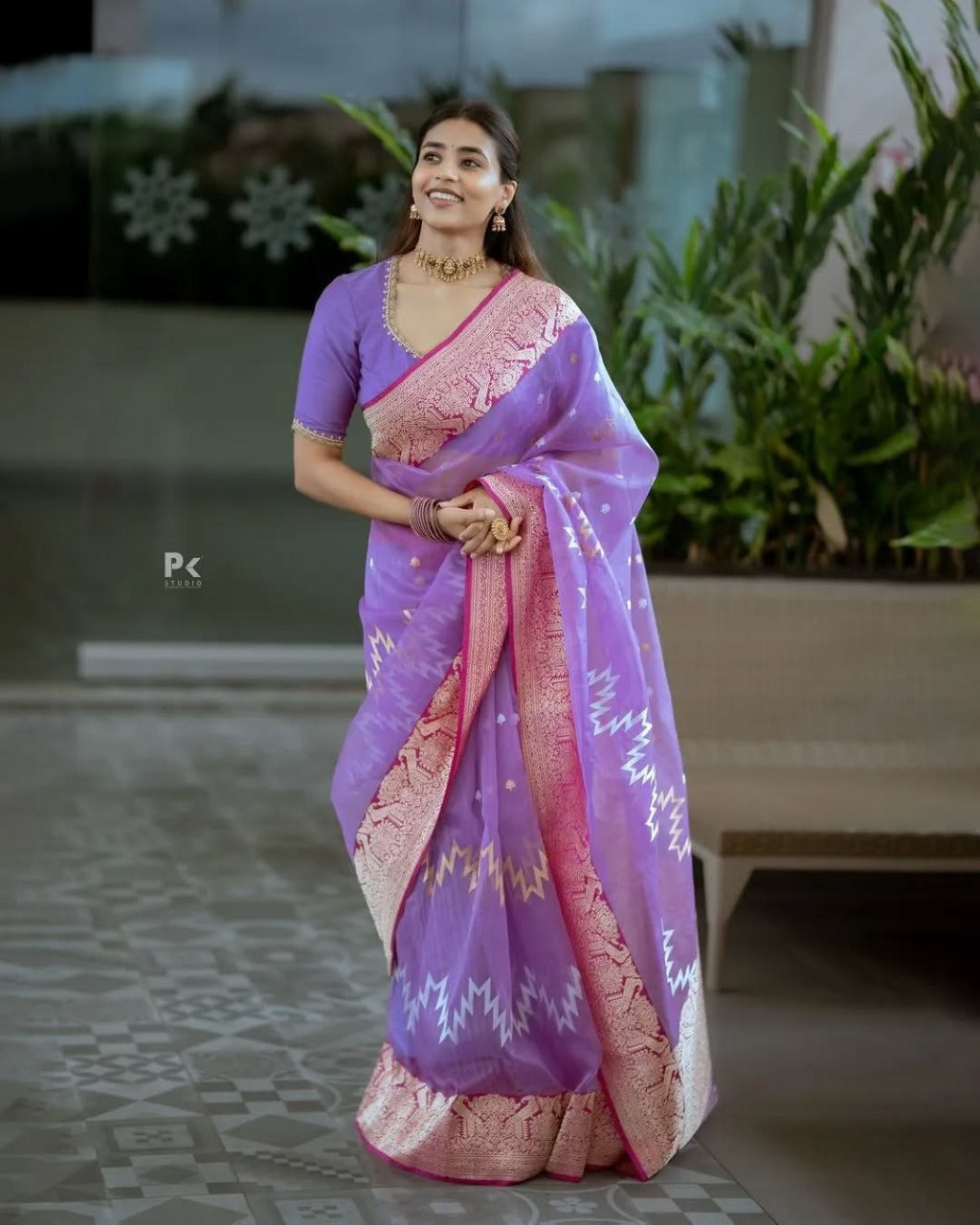 icultural Sheer Saree with Pink Zari Border & Ikat Motifs