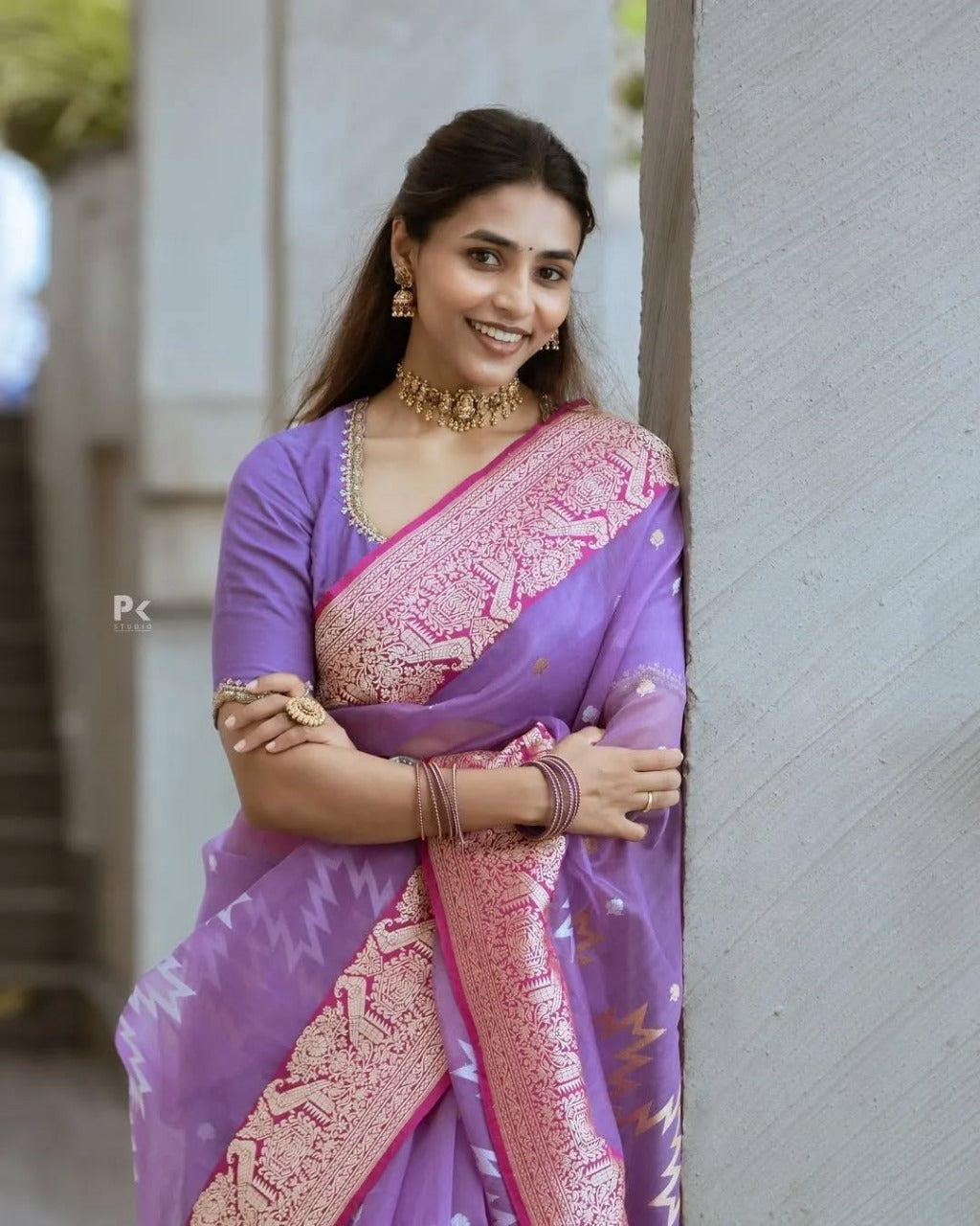 icultural Sheer Saree with Pink Zari Border & Ikat Motifs