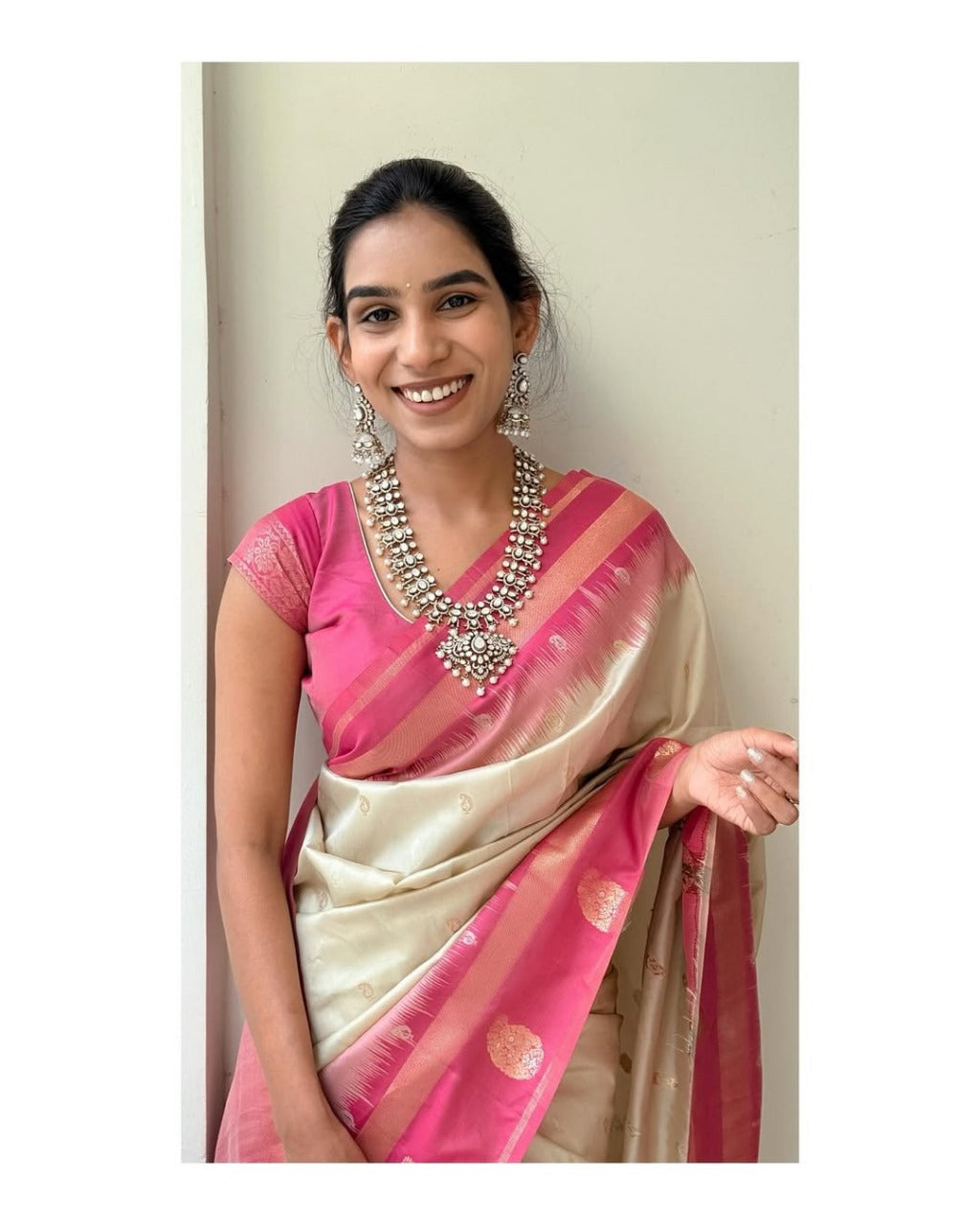 icultural Silk Saree with Rani Pink Zari Border