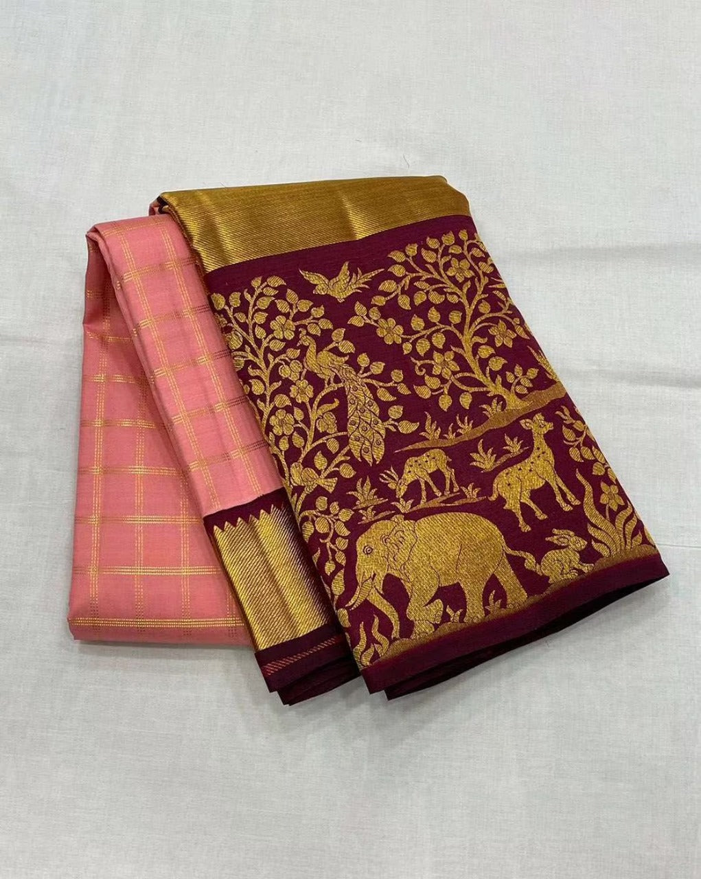 Blush Pink Saree with icultural Zari Jungle Pallu
