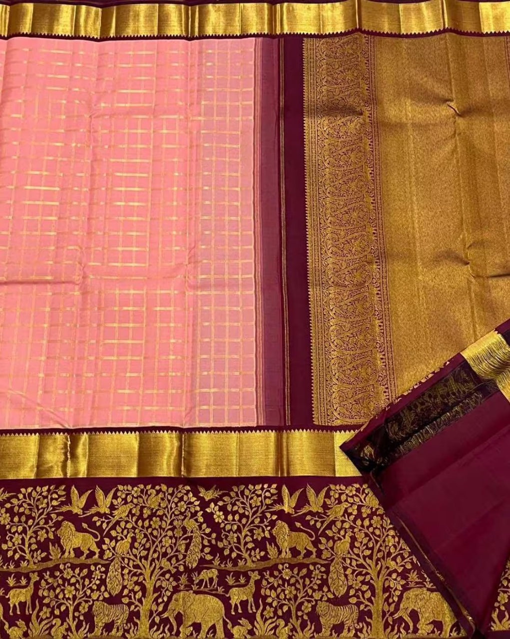 Blush Pink Saree with icultural Zari Jungle Pallu