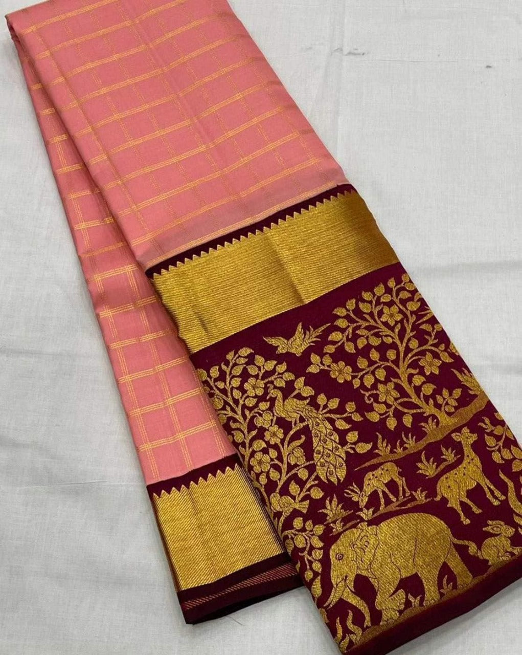 Blush Pink Saree with icultural Zari Jungle Pallu