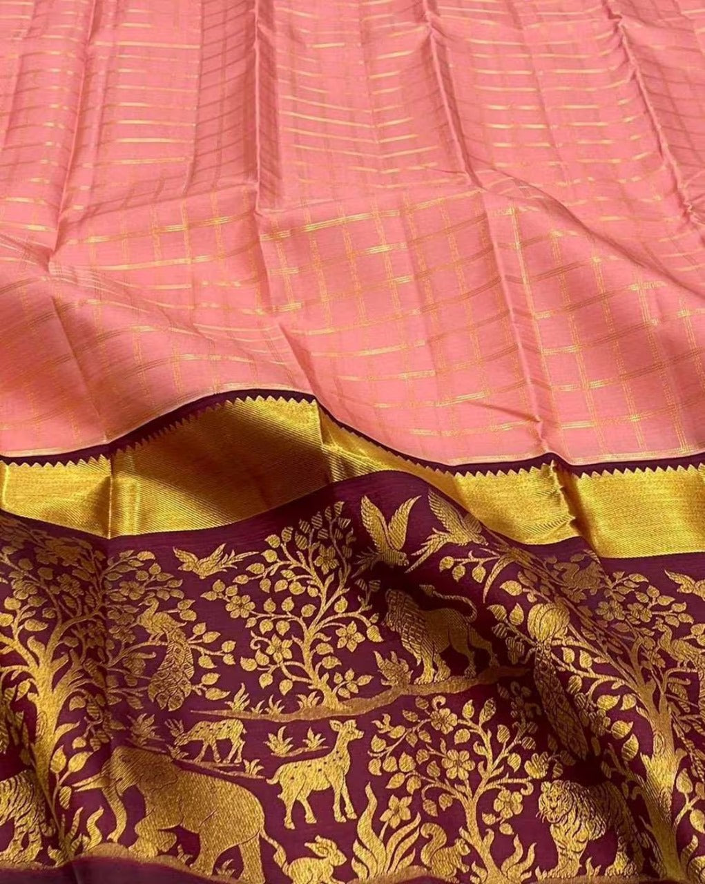 Blush Pink Saree with icultural Zari Jungle Pallu