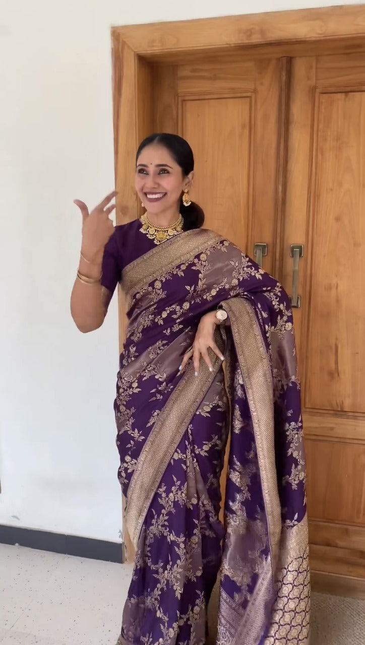 Purple Silk Saree with Gold Floral Zari Weaving and Contrast Border