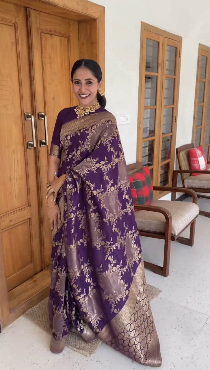 Purple Silk Saree with Gold Floral Zari Weaving and Contrast Border