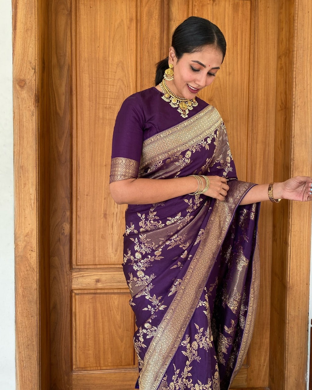 Purple Silk Saree with Gold Floral Zari Weaving and Contrast Border