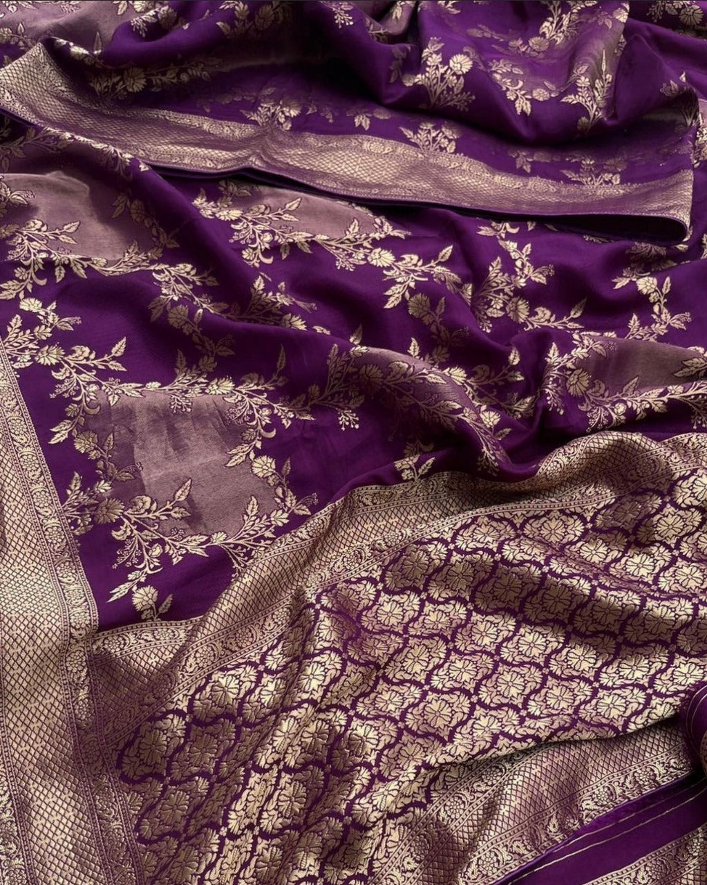 Purple Silk Saree with Gold Floral Zari Weaving and Contrast Border