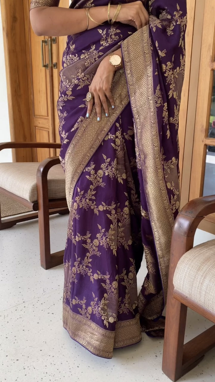 Purple Silk Saree with Gold Floral Zari Weaving and Contrast Border