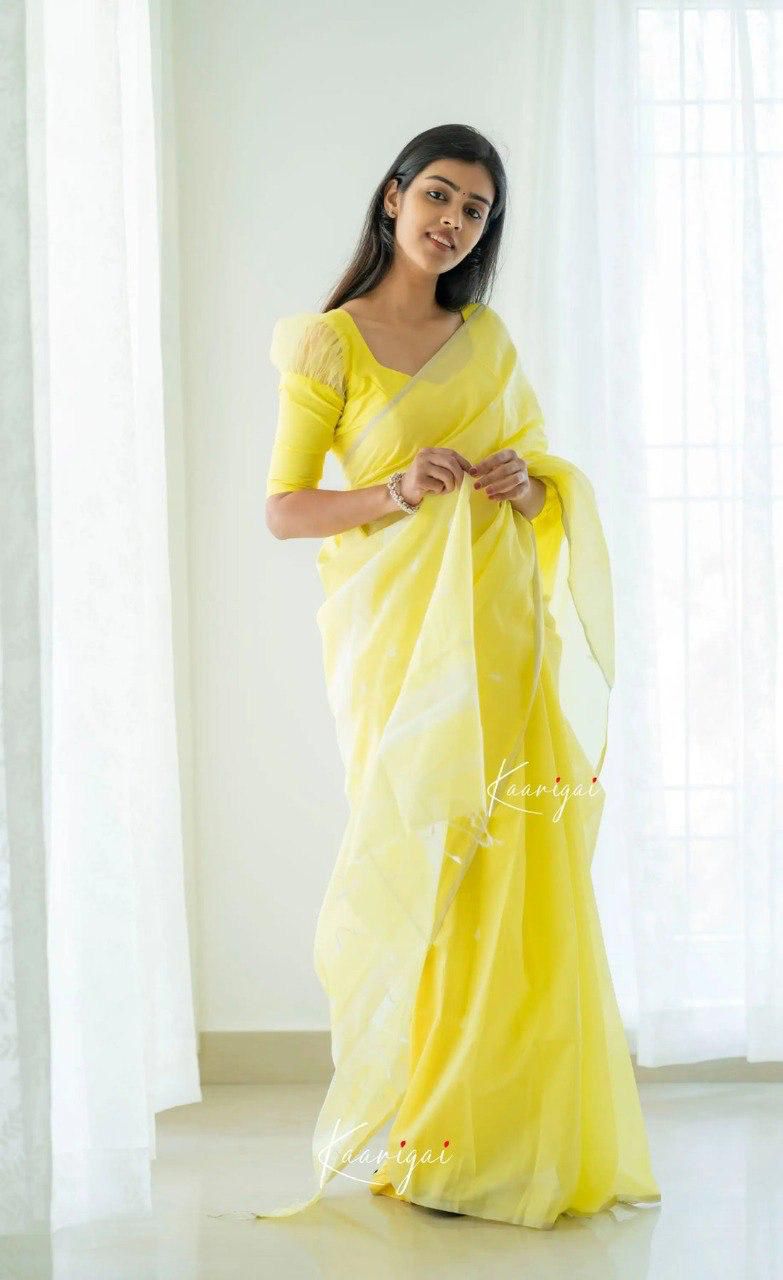 icultural Yellow Sheer Organza Saree