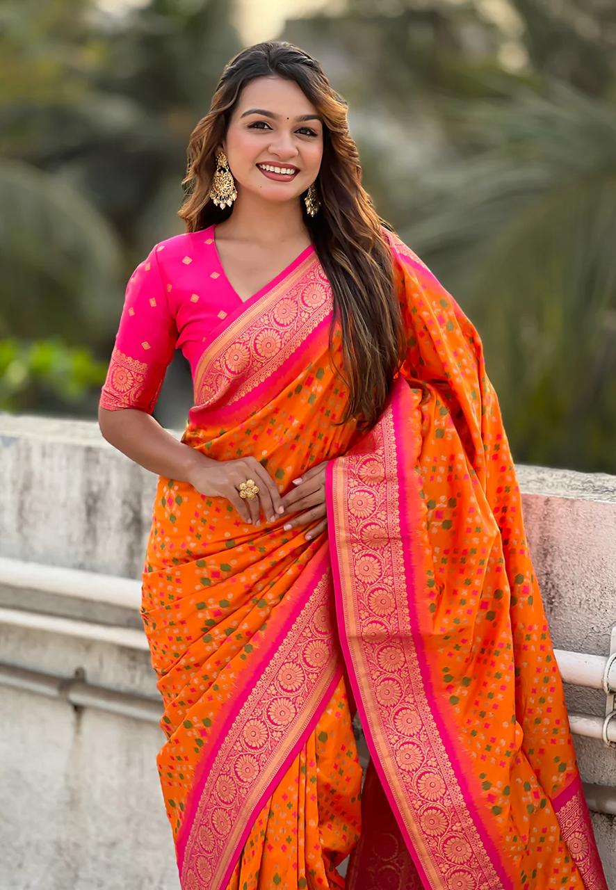 icultural Orange Banarasi Silk Saree – Festive Radiance in Every Drape