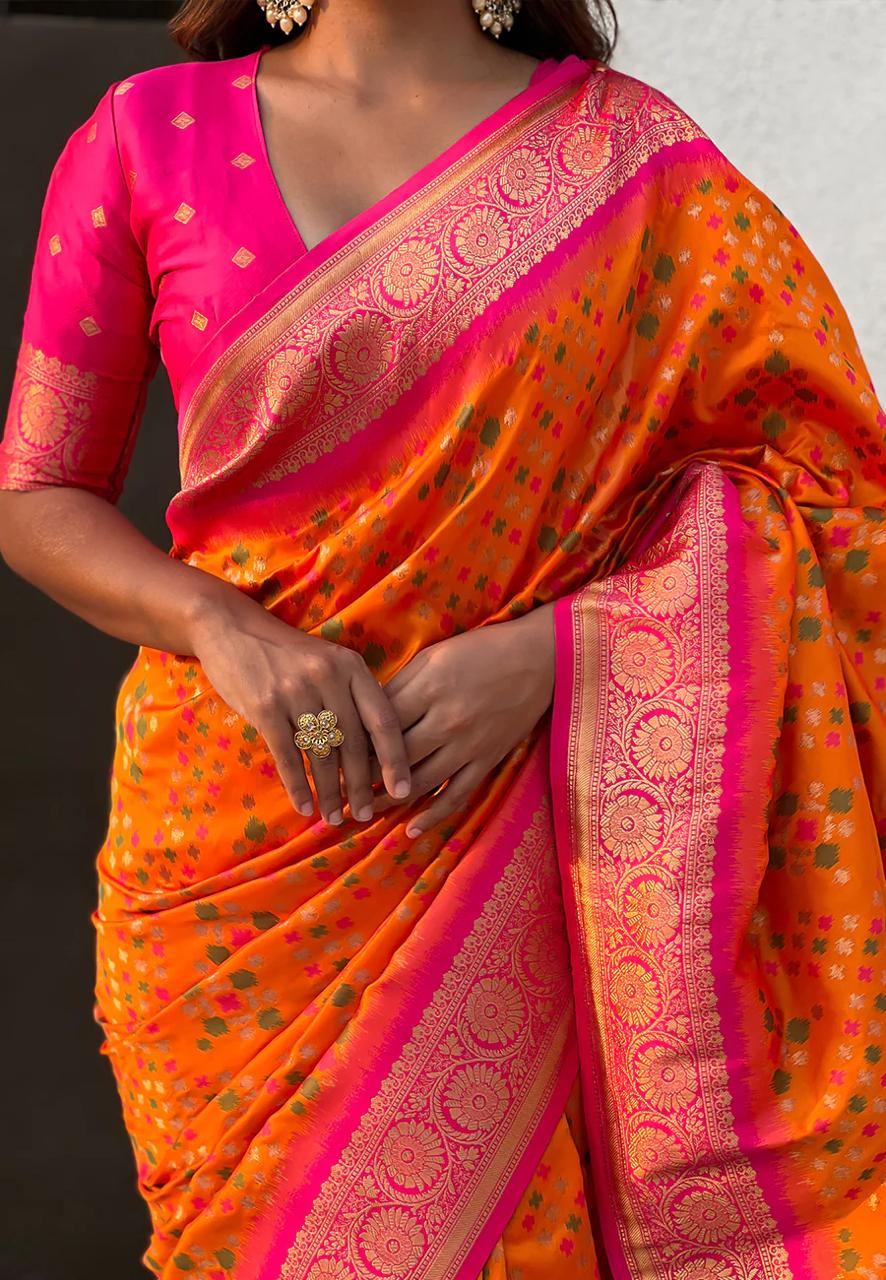 icultural Orange Banarasi Silk Saree – Festive Radiance in Every Drape