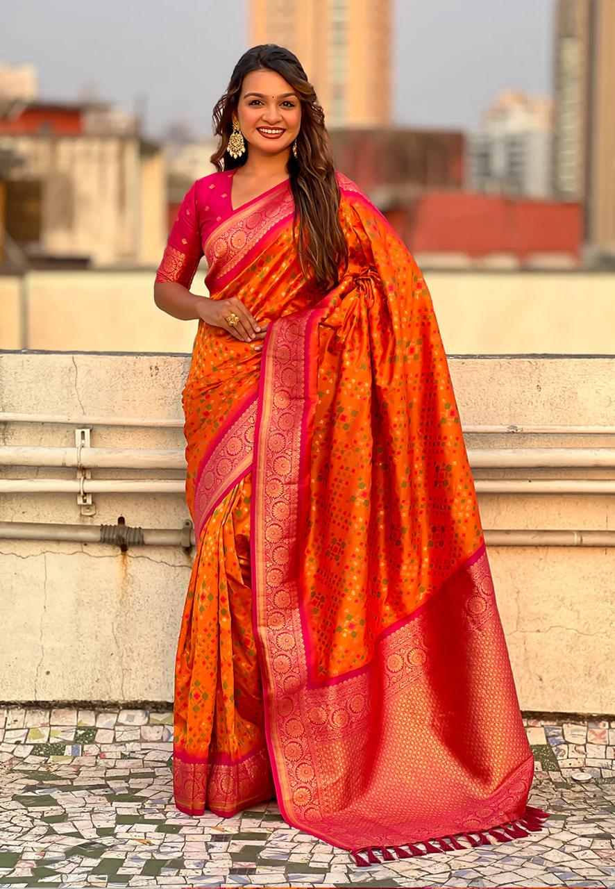 icultural Orange Banarasi Silk Saree – Festive Radiance in Every Drape