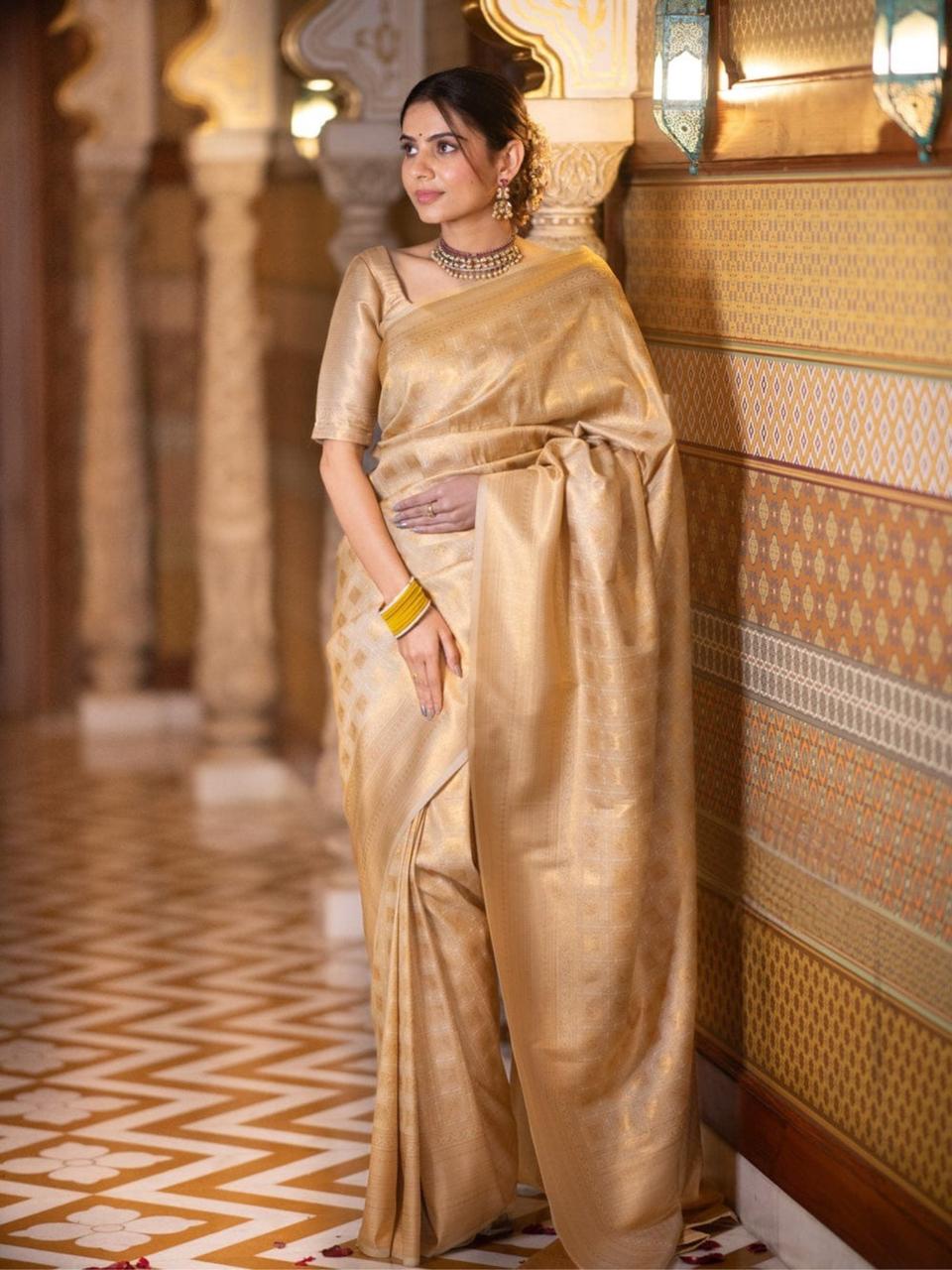 Banarasi  Crimson Beige Silk Saree with Gold Zari Weave