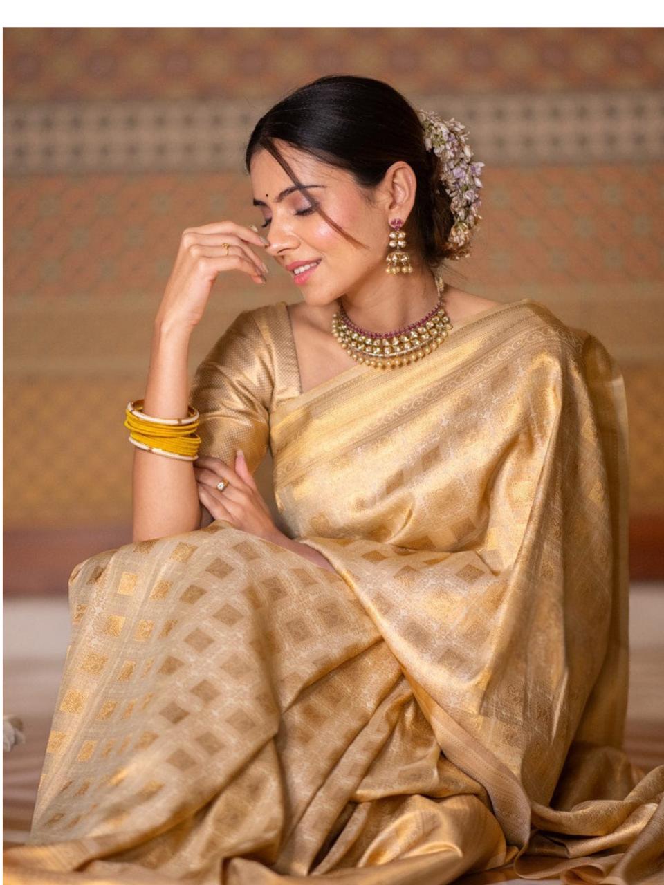 Banarasi  Crimson Beige Silk Saree with Gold Zari Weave