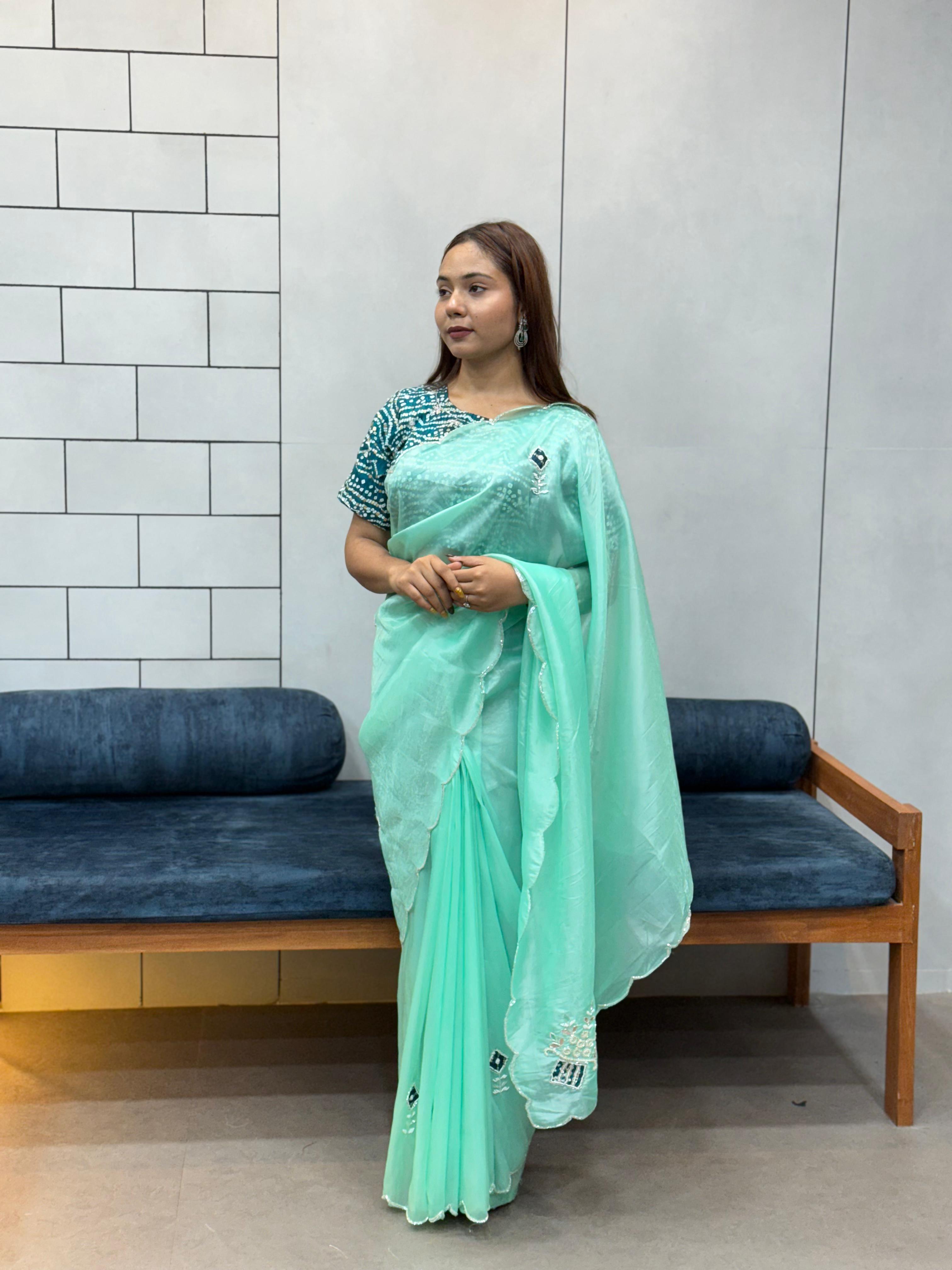 icultural Sky Blue Chiffon Saree with Red Bandhej Blouse