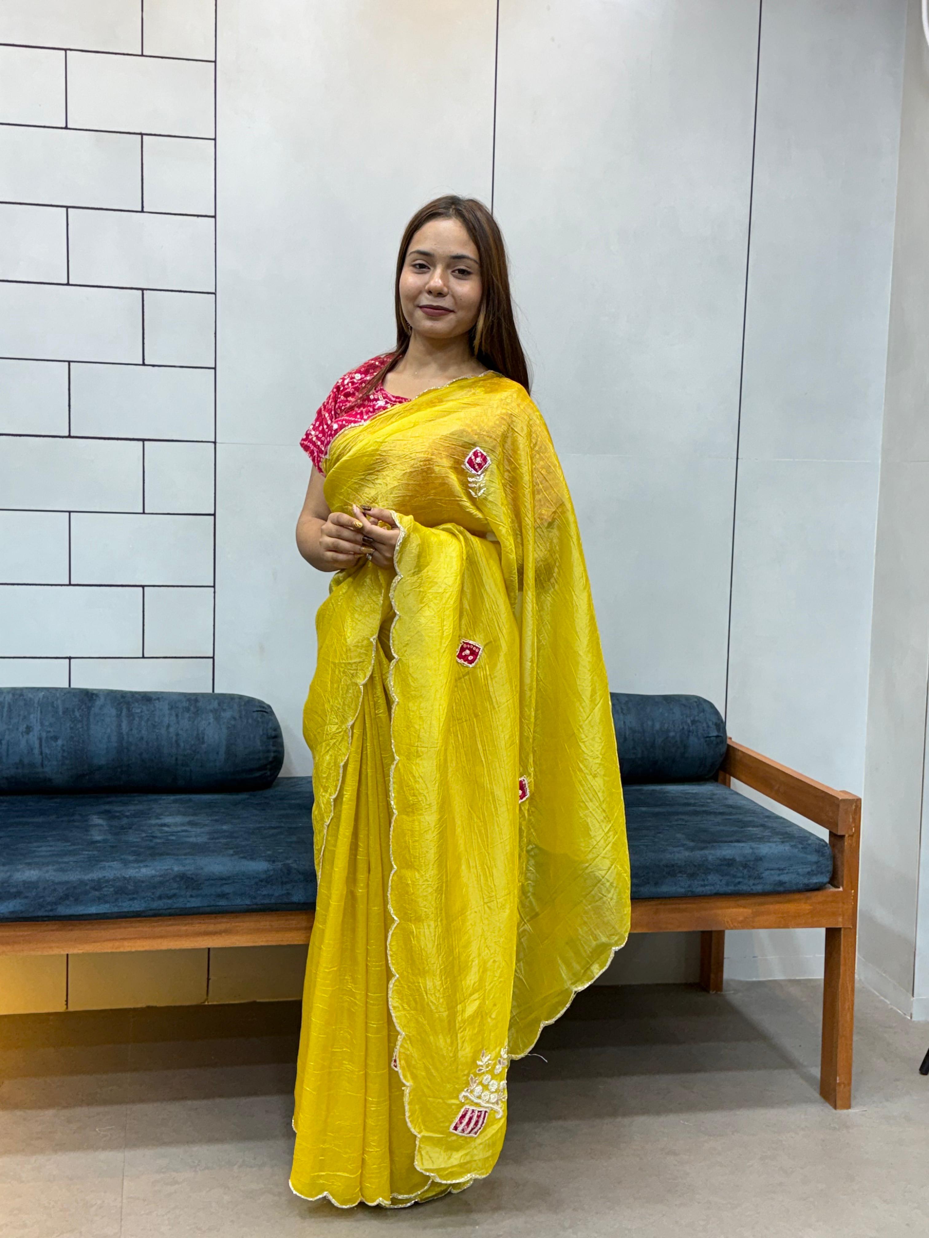 icultural Yellow Chiffon Saree with Red Bandhej Blouse