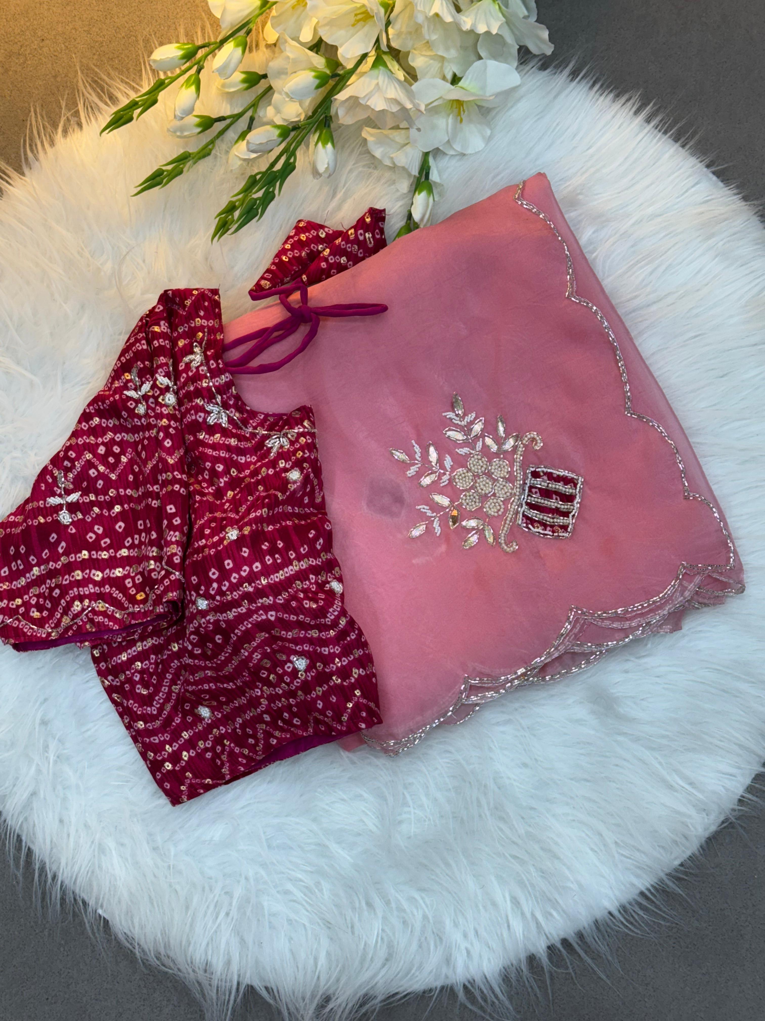 icultural Pink Chiffon Saree with Red Bandhej Blouse