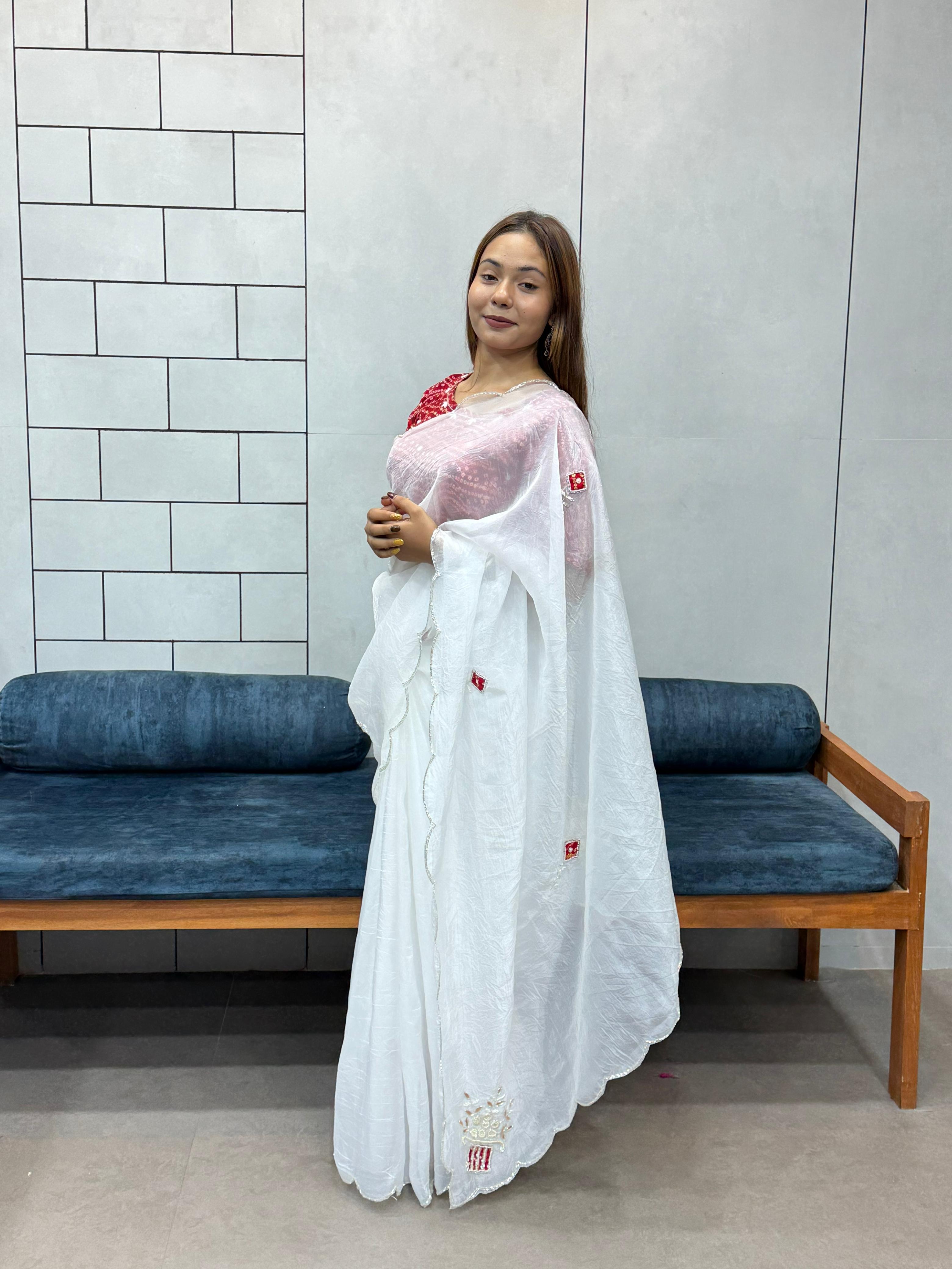 icultural White Chiffon Saree with Red Bandhej Blouse