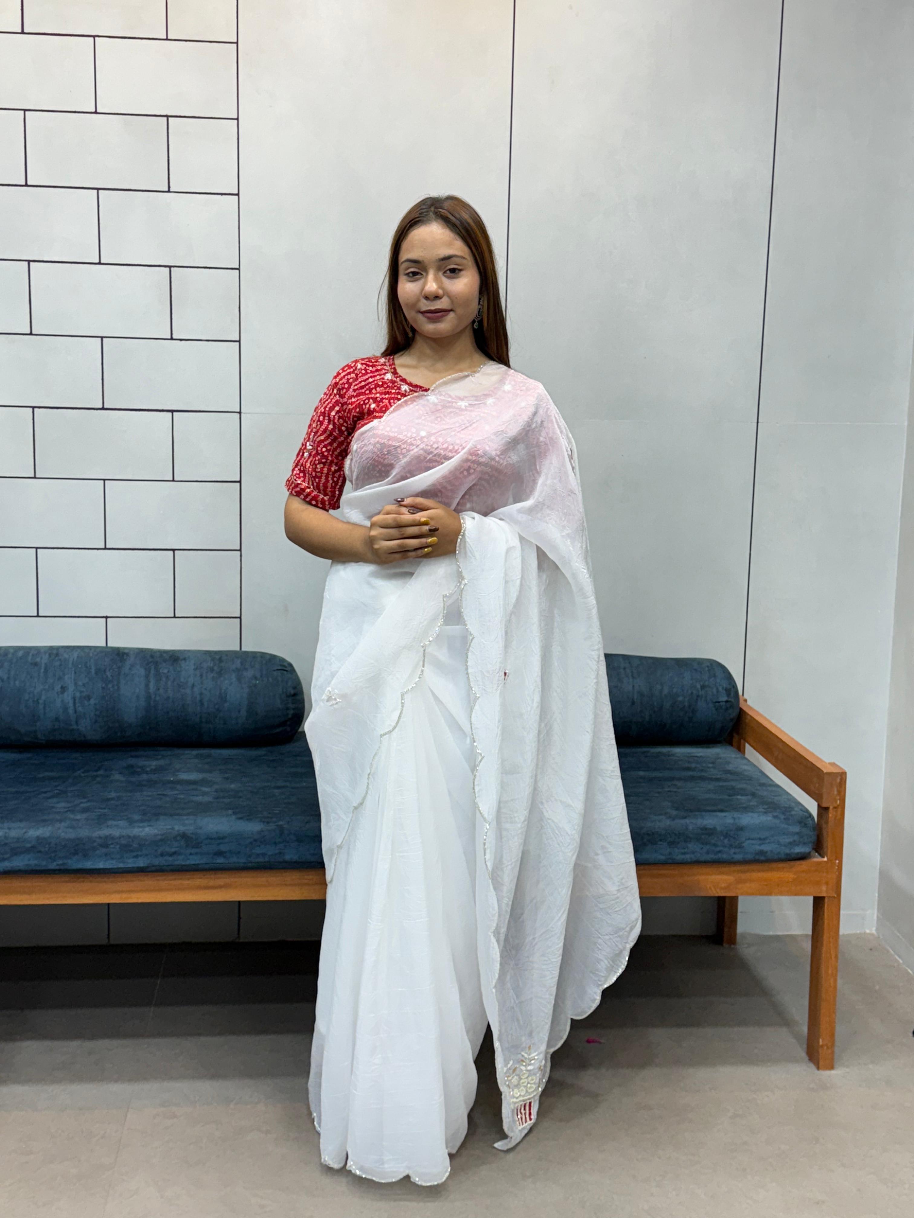 icultural White Chiffon Saree with Red Bandhej Blouse