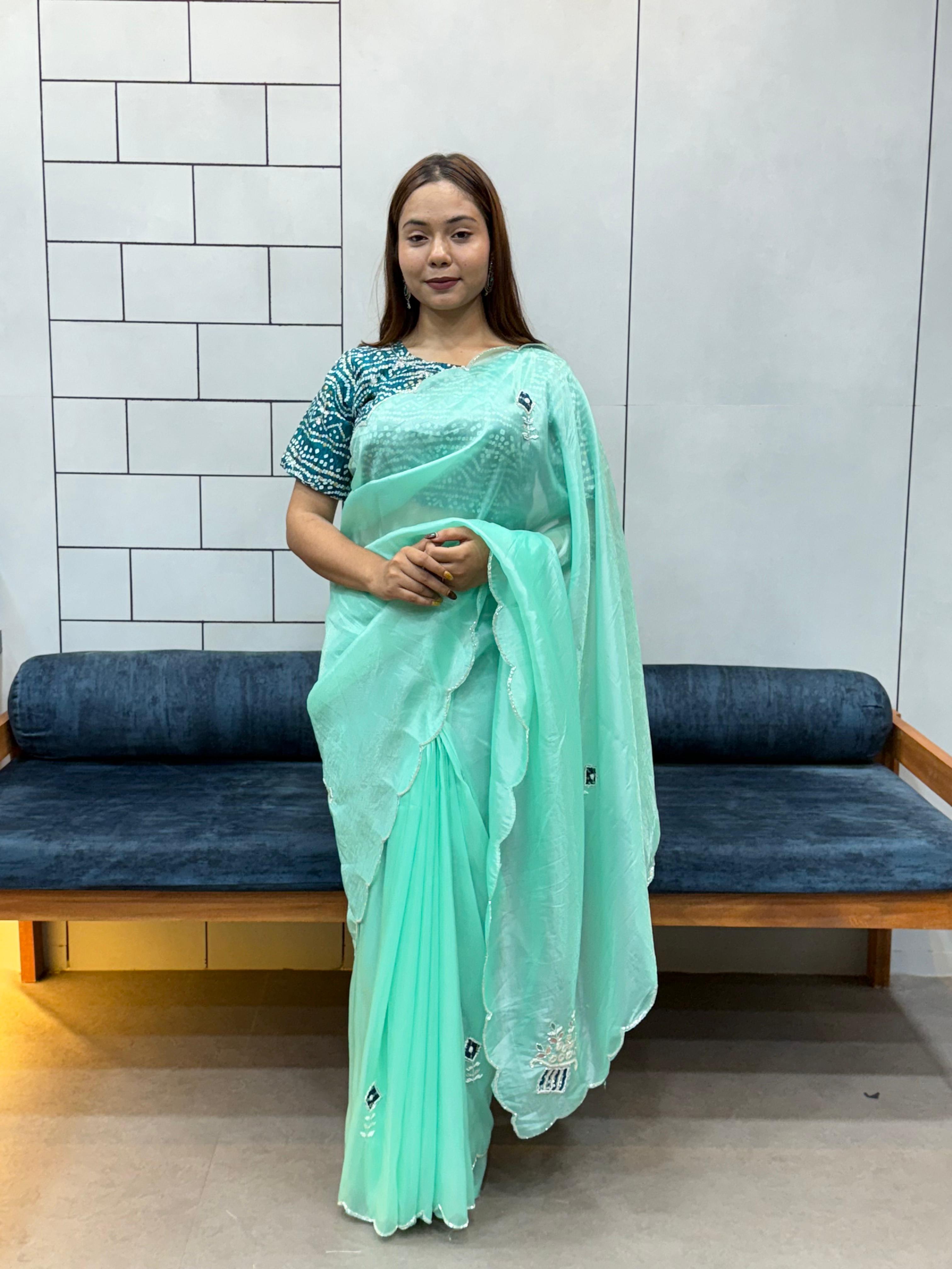 icultural Sky Blue Chiffon Saree with Red Bandhej Blouse