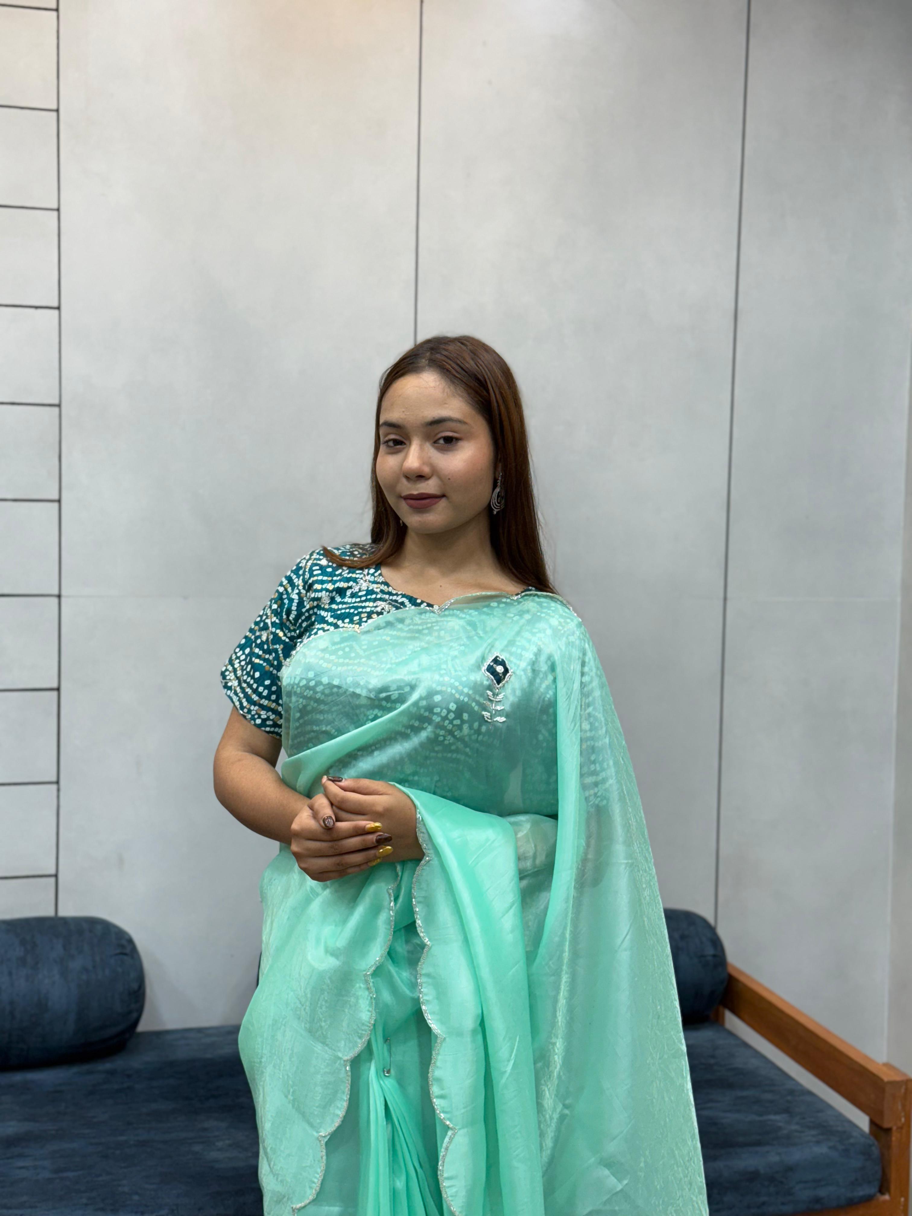 icultural Sky Blue Chiffon Saree with Red Bandhej Blouse