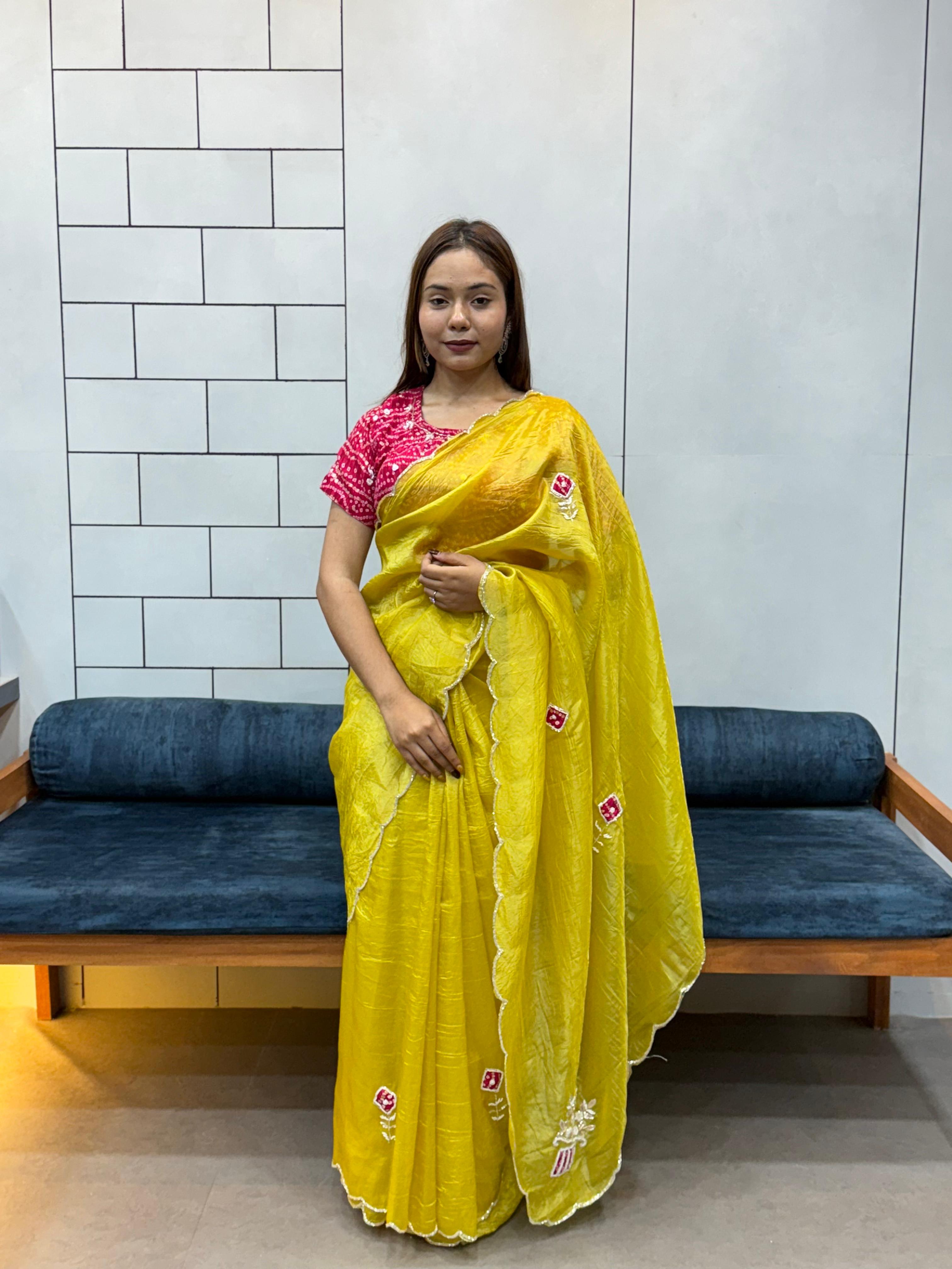 icultural Yellow Chiffon Saree with Red Bandhej Blouse