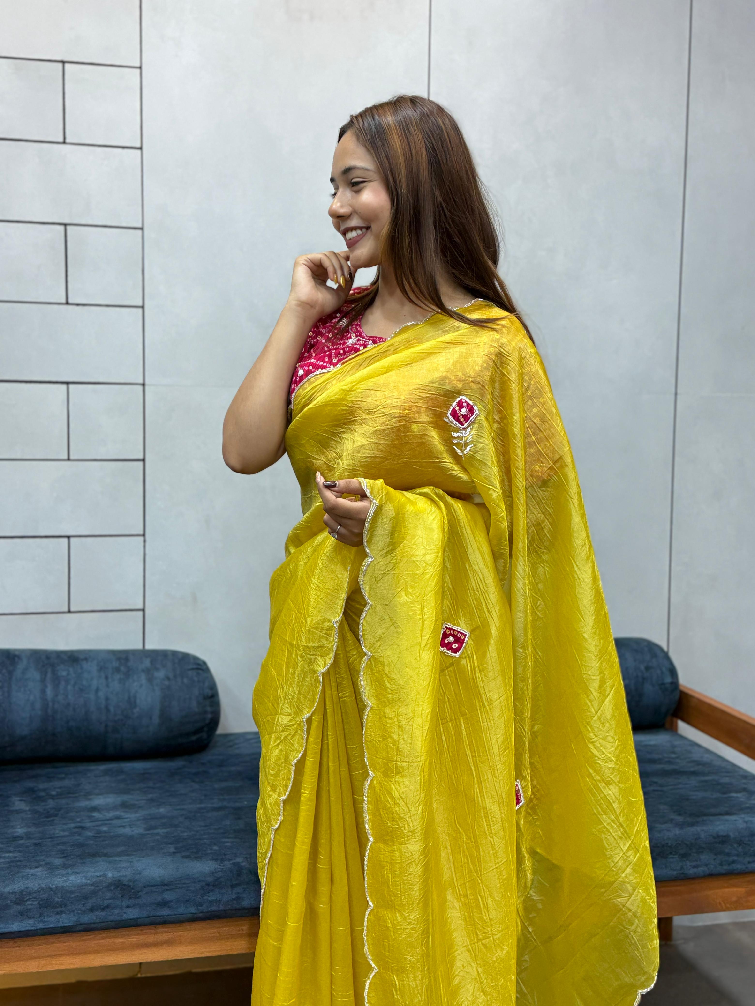 icultural Yellow Chiffon Saree with Red Bandhej Blouse