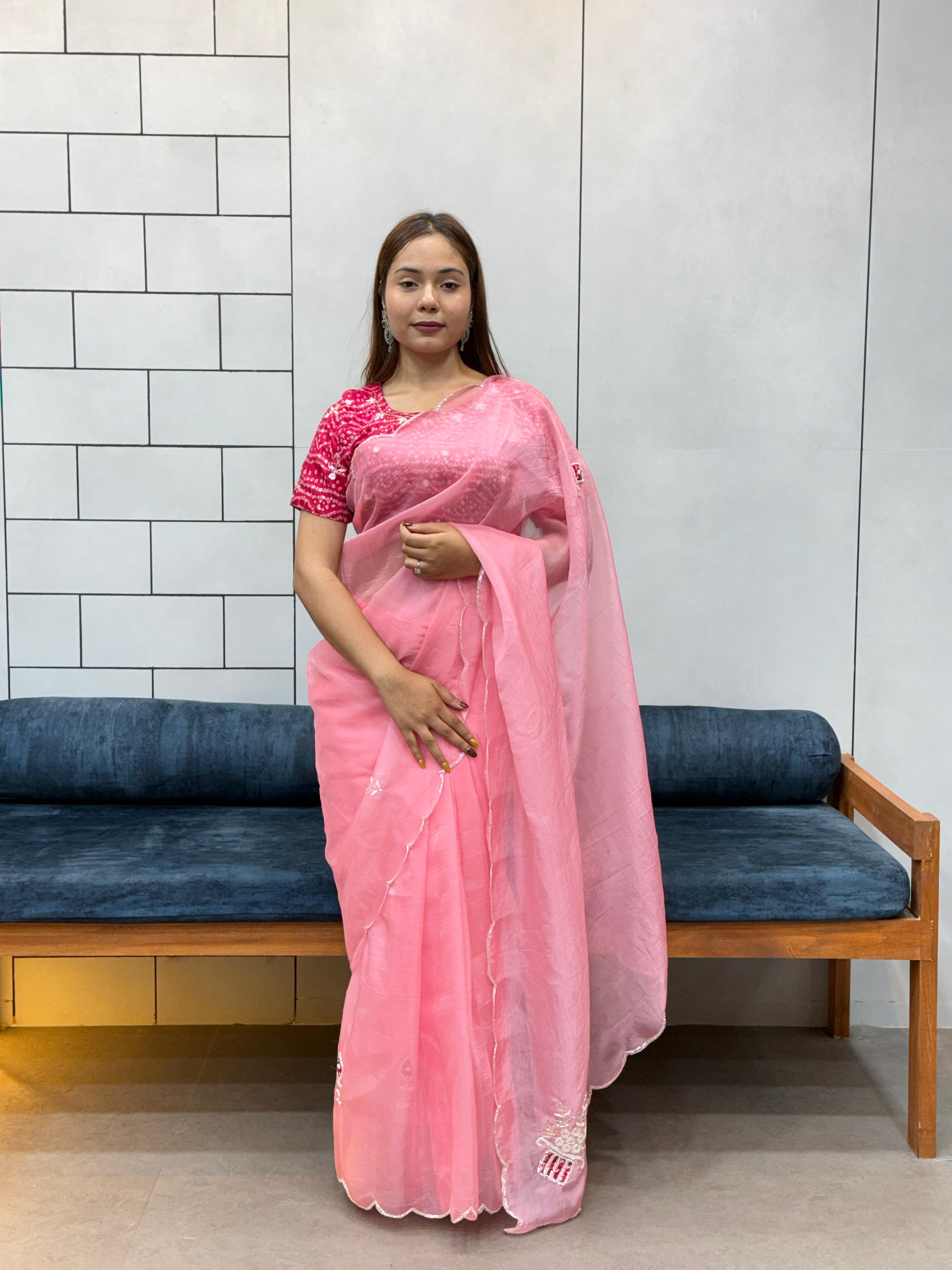 icultural Pink Chiffon Saree with Red Bandhej Blouse