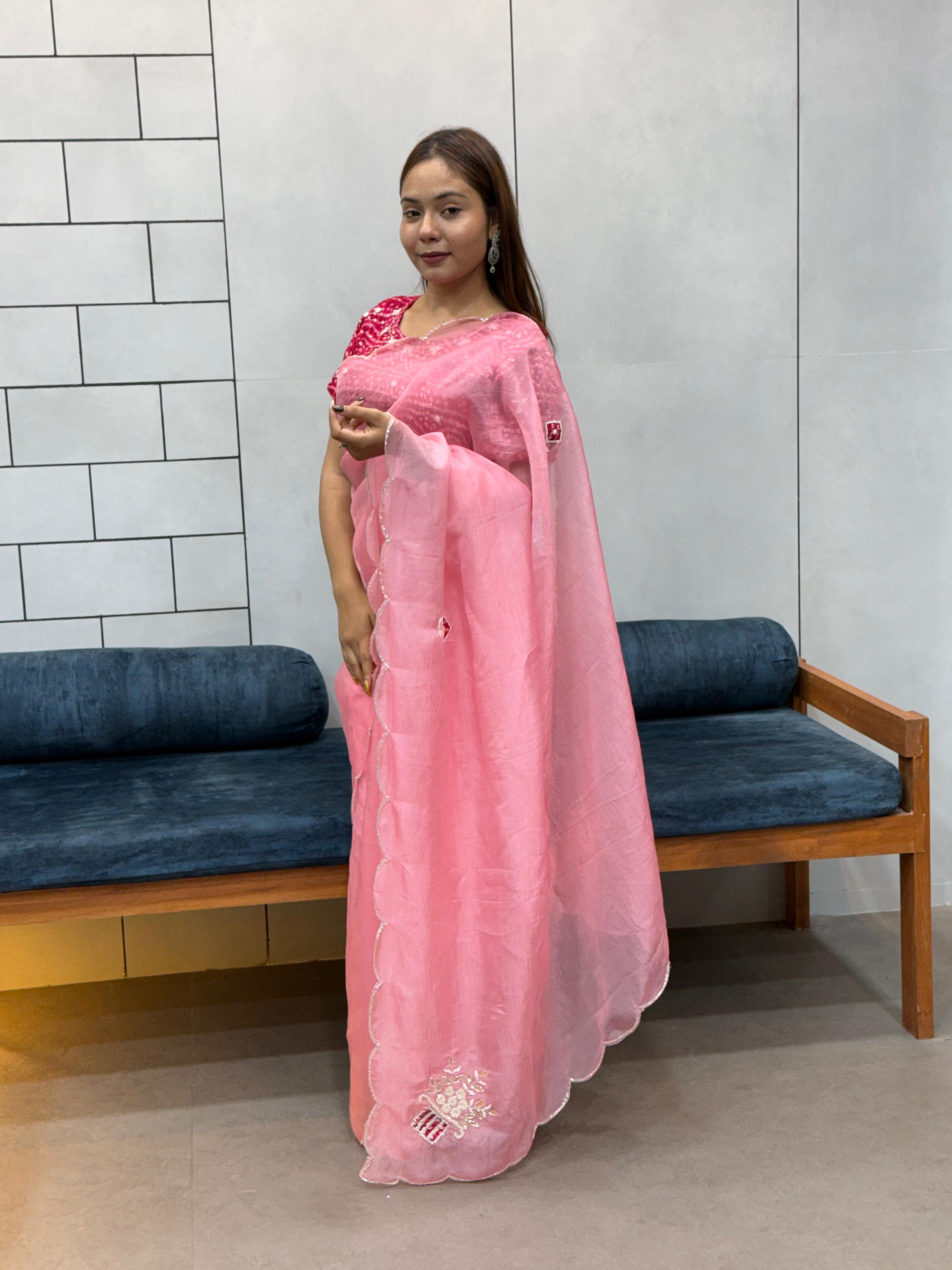 icultural Pink Chiffon Saree with Red Bandhej Blouse