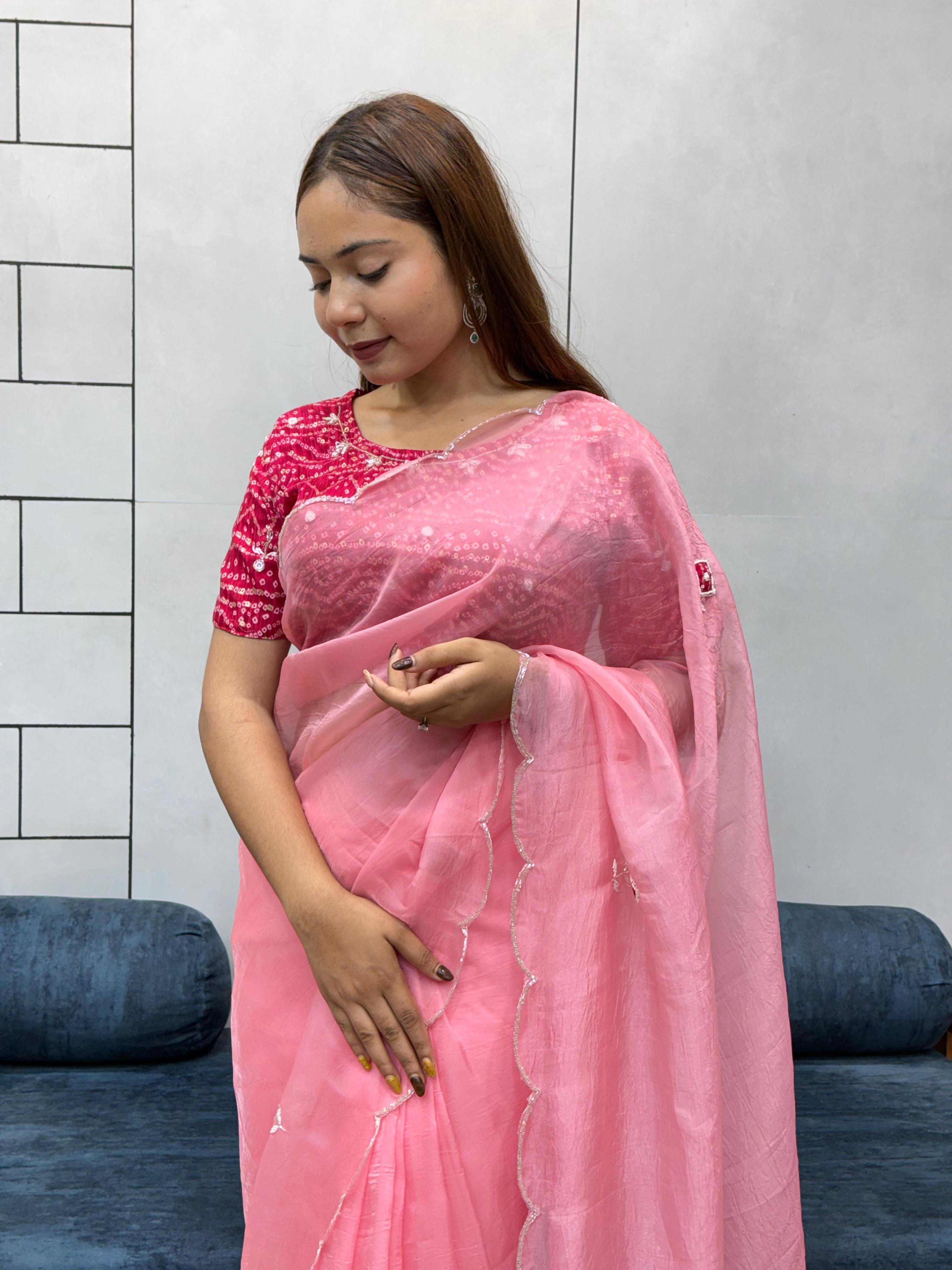 icultural Pink Chiffon Saree with Red Bandhej Blouse