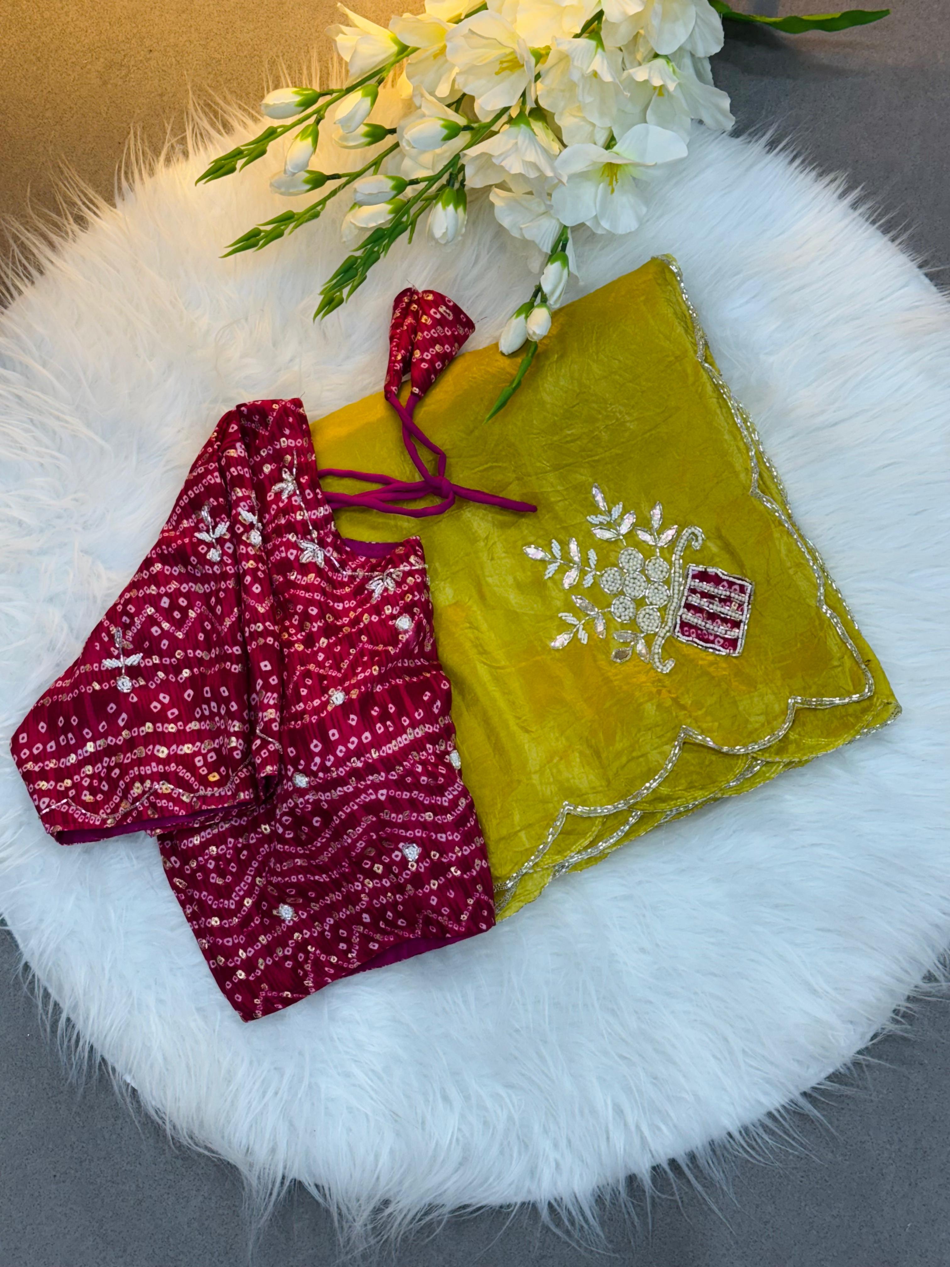 icultural Yellow Chiffon Saree with Red Bandhej Blouse