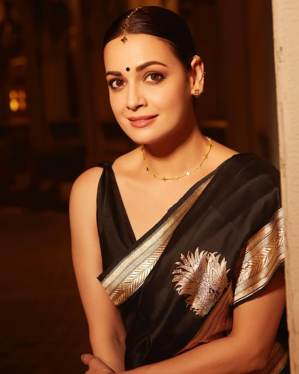Black Silk Saree with Golden Zari Butta and Broad Border