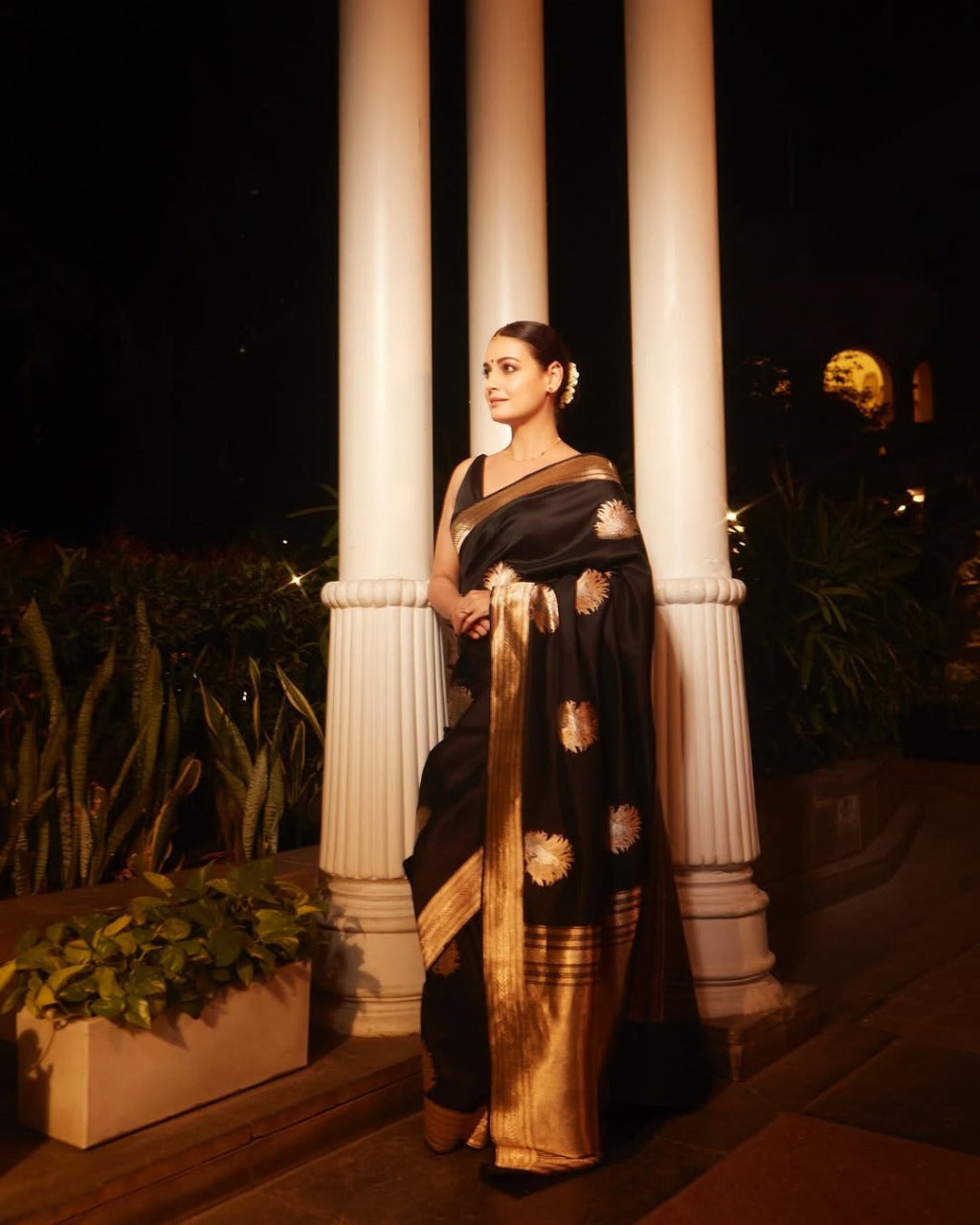 Black Silk Saree with Golden Zari Butta and Broad Border