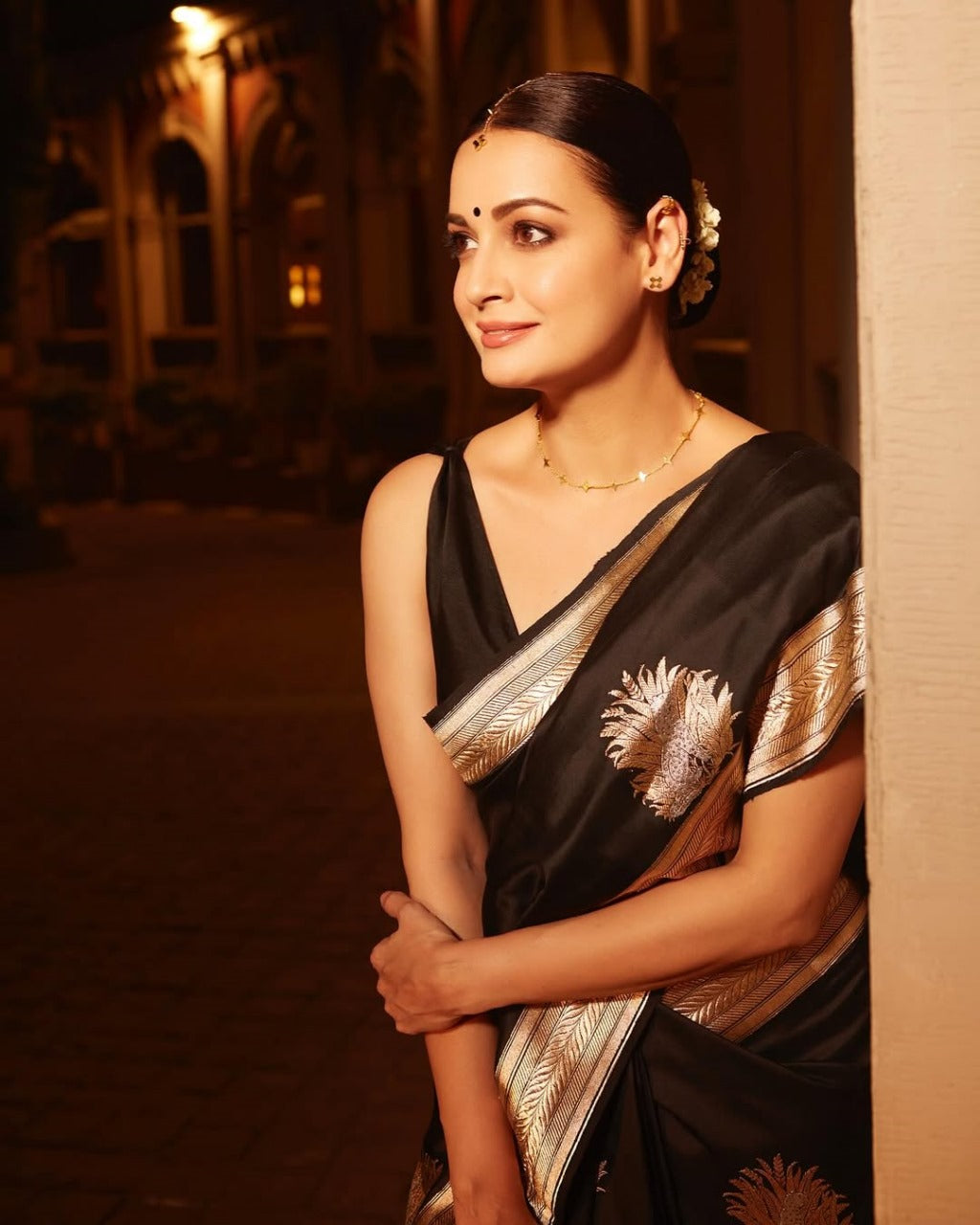 Black Silk Saree with Golden Zari Butta and Broad Border