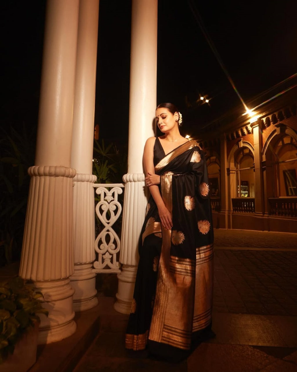 Black Silk Saree with Golden Zari Butta and Broad Border