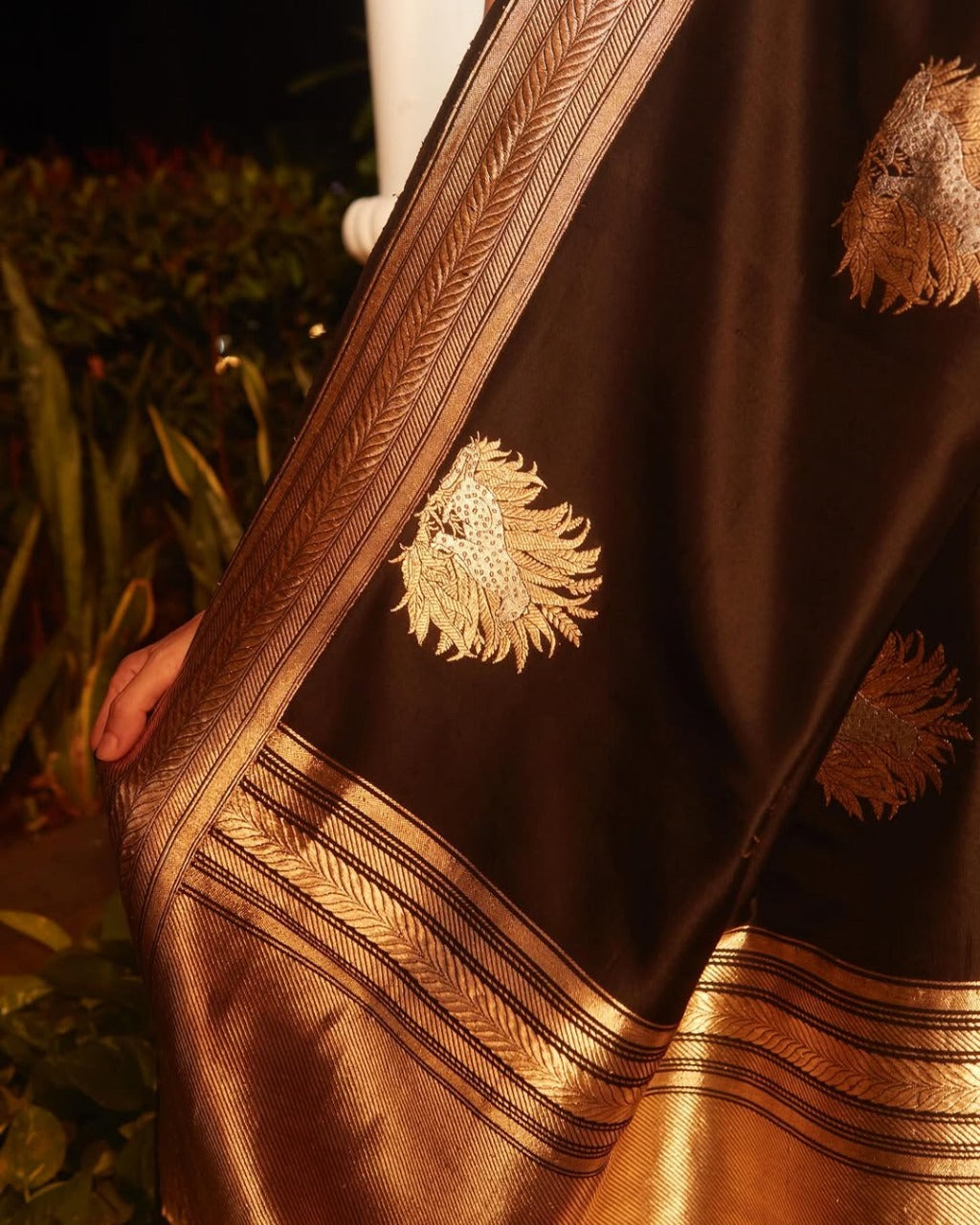 Black Silk Saree with Golden Zari Butta and Broad Border