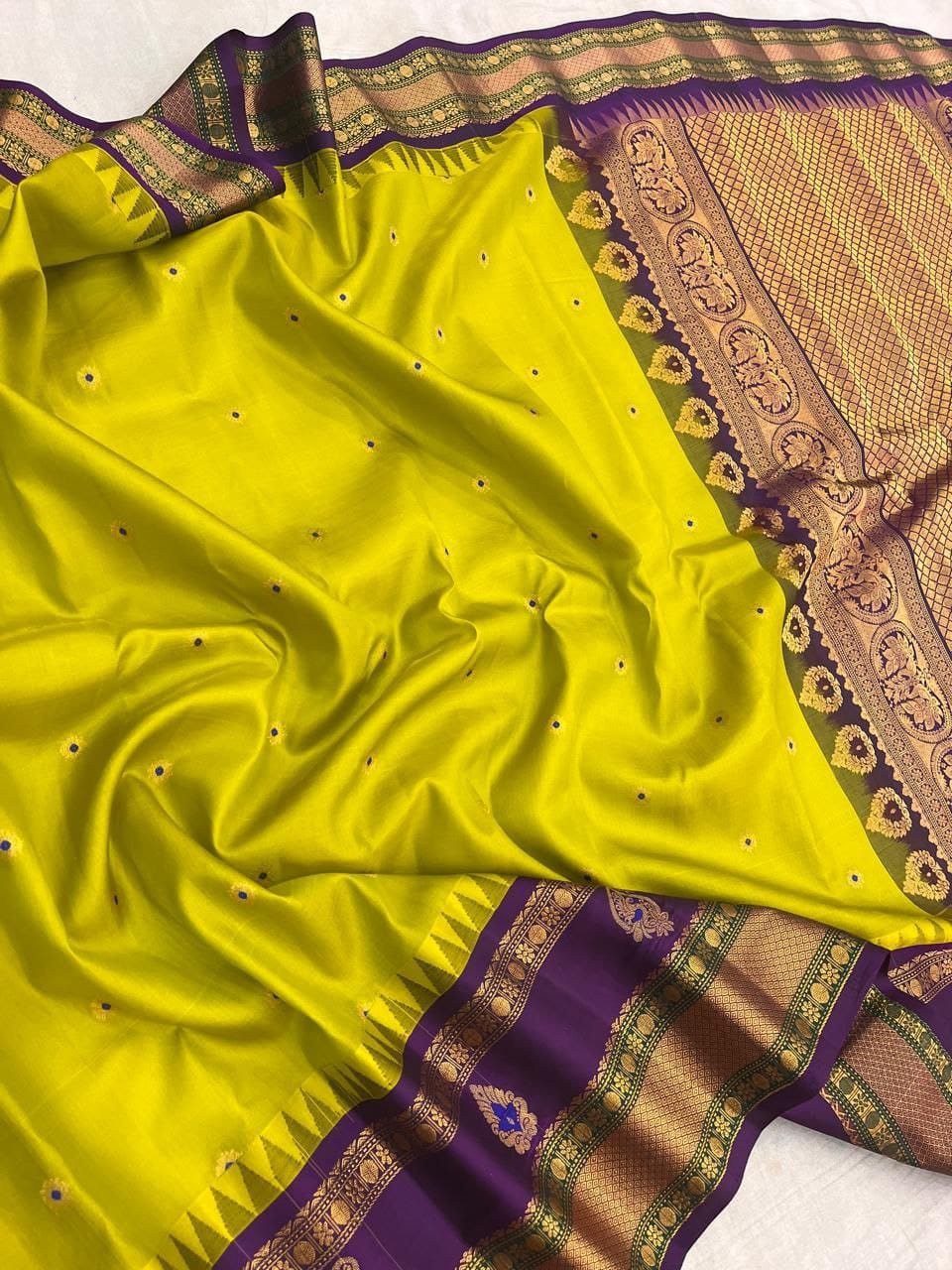 Yellow Pure Pattu Gadwal by Icultuer in Authentic Handwoven South Indian by Icultuer