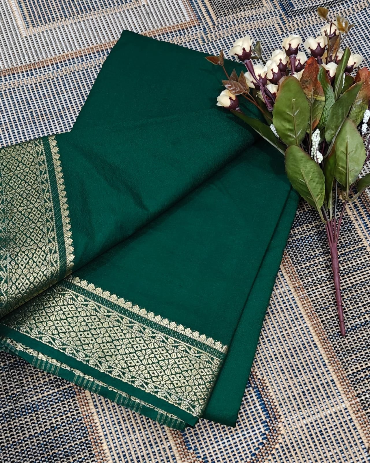 Dark Green Mysore Soft Silk by Icultuer with Rich Golden Border