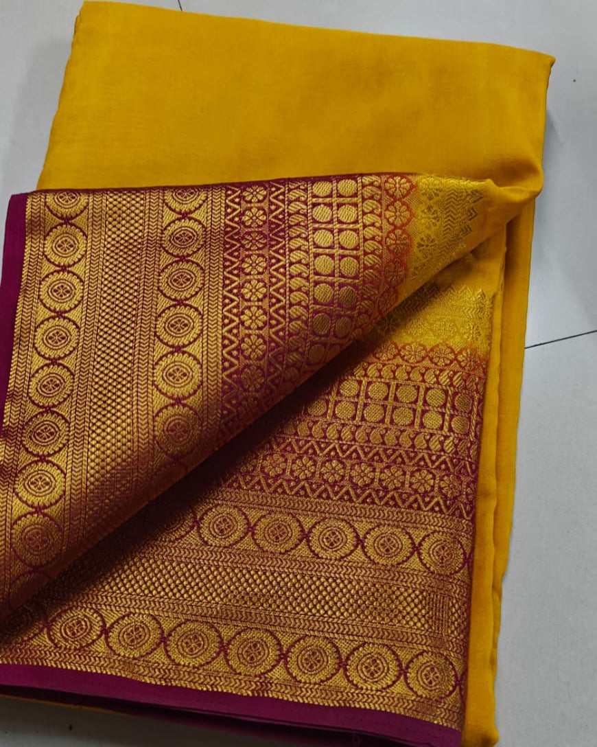 Orange Luxury Mysore Silk by Icultuer with Handcrafted Zari Design