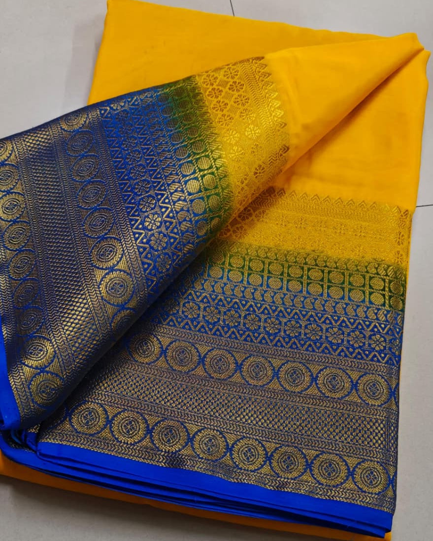 Yellow Traditional Banarasi Style Mysore by Icultuer with Golden Zari