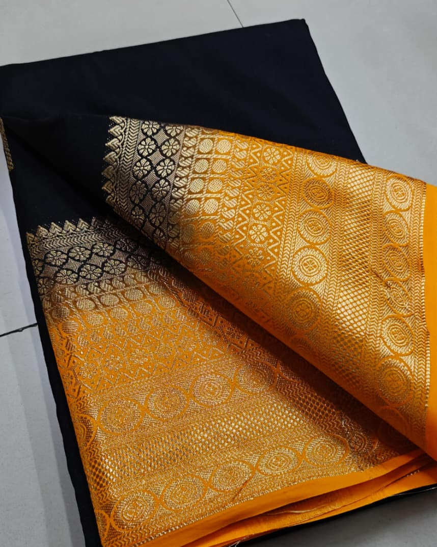 Black Pure Silk Mysore by Icultuer with Yellow Zari Weaving