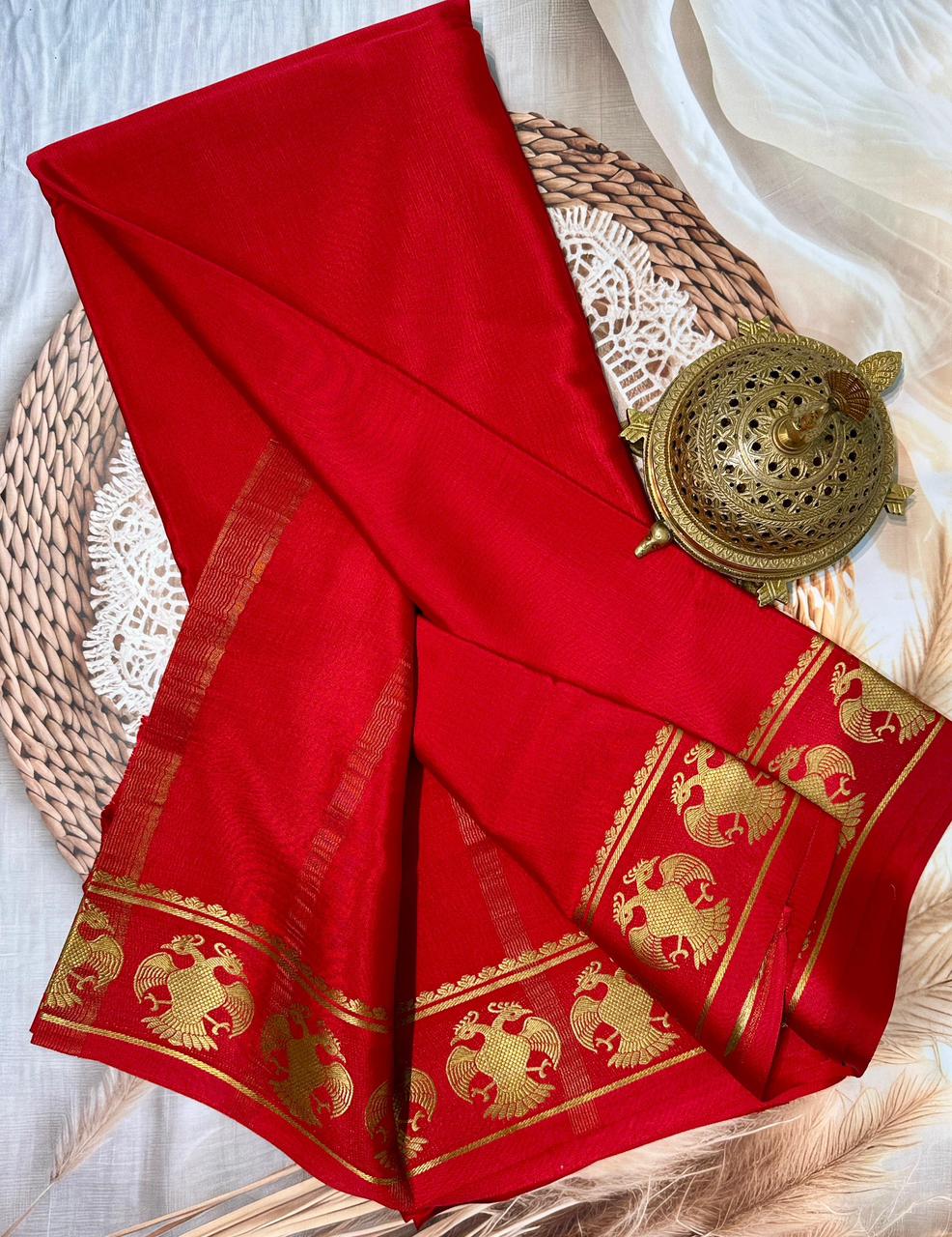 Premium Solid Color Mysore Silk Saree – Semi-Soft with Peacock Border