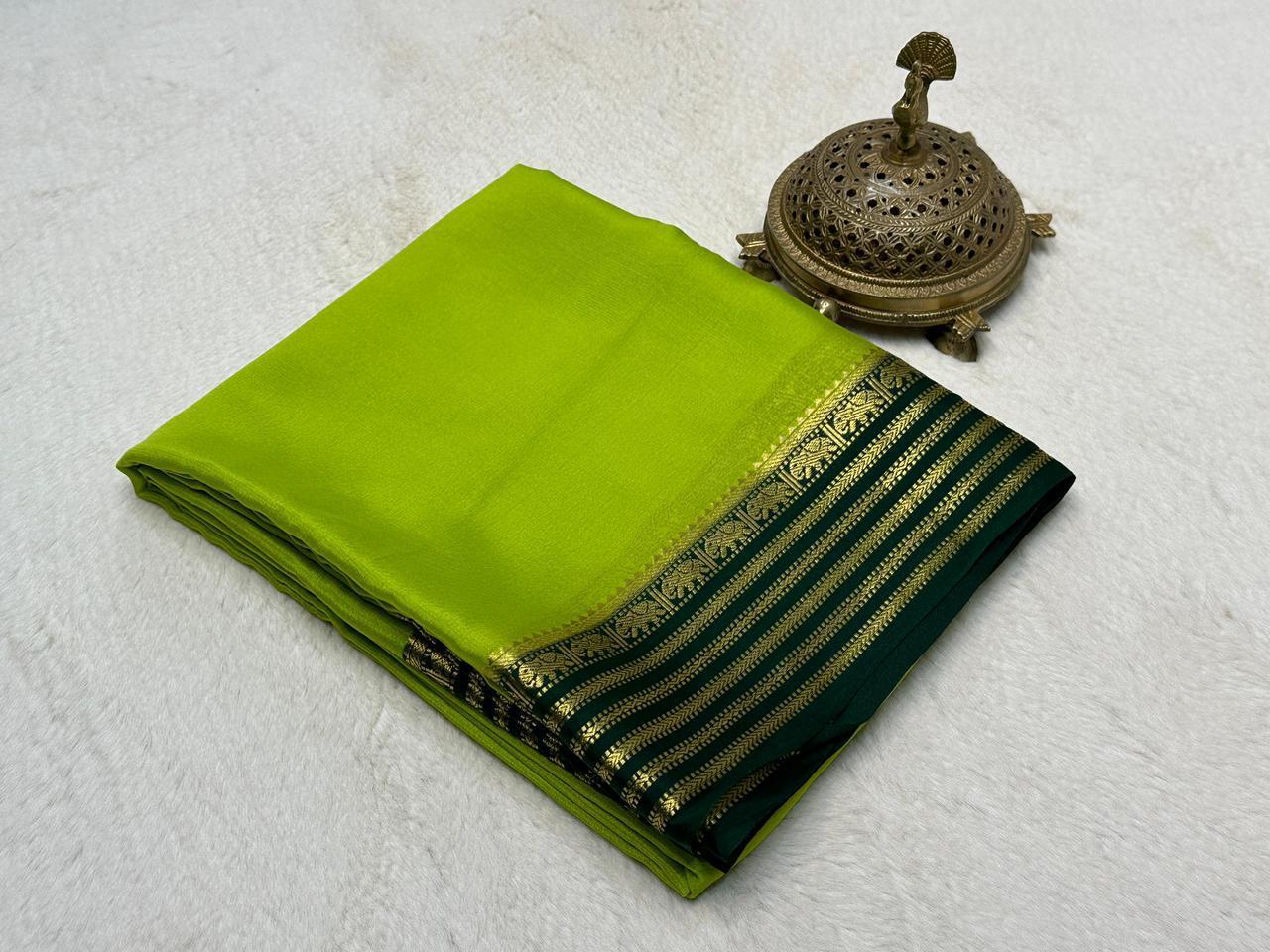 Lime Green Semi Mysore Silk by Icultuer with Deep Emerald Gold-Zari Crafted Border & Blouse