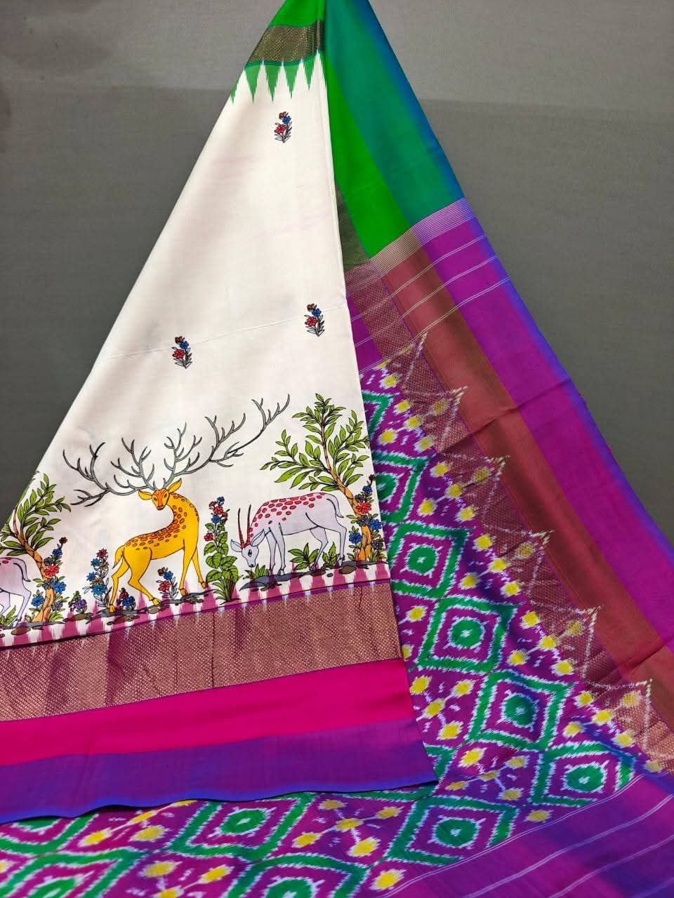 Digital Pochampally Ikkat Silk Cream With Pink Border