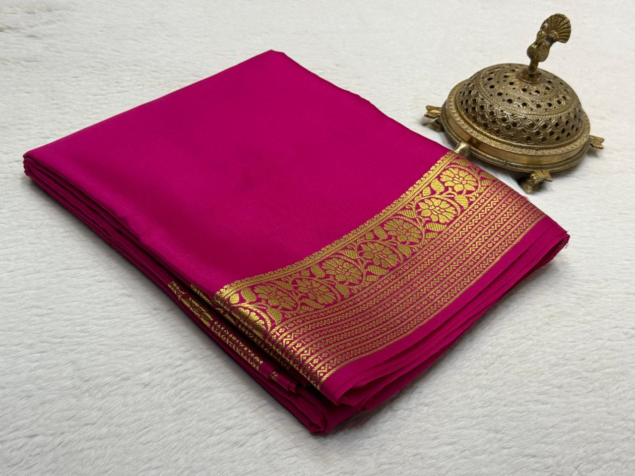 Elegant Crepe Silk Saree with Floral-Lines Border & Rich Pallu in Solid Colours