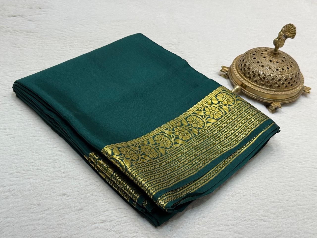 Elegant Mysore Silk Saree with Floral-Lines Border & Rich Pallu in Solid Colours