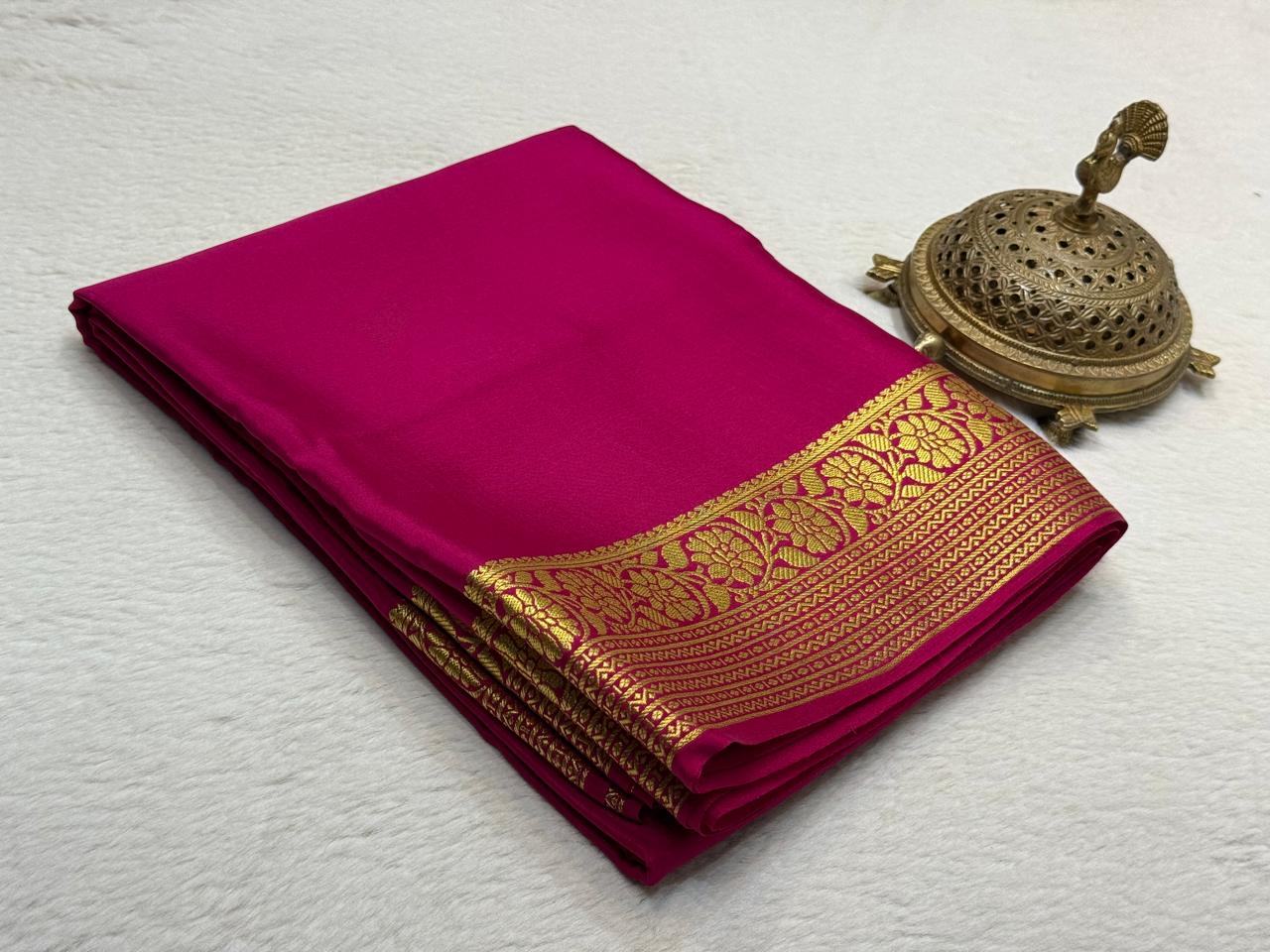 Elegant Mysore Silk Saree with Floral-Lines Border & Rich Pallu in Solid Colours