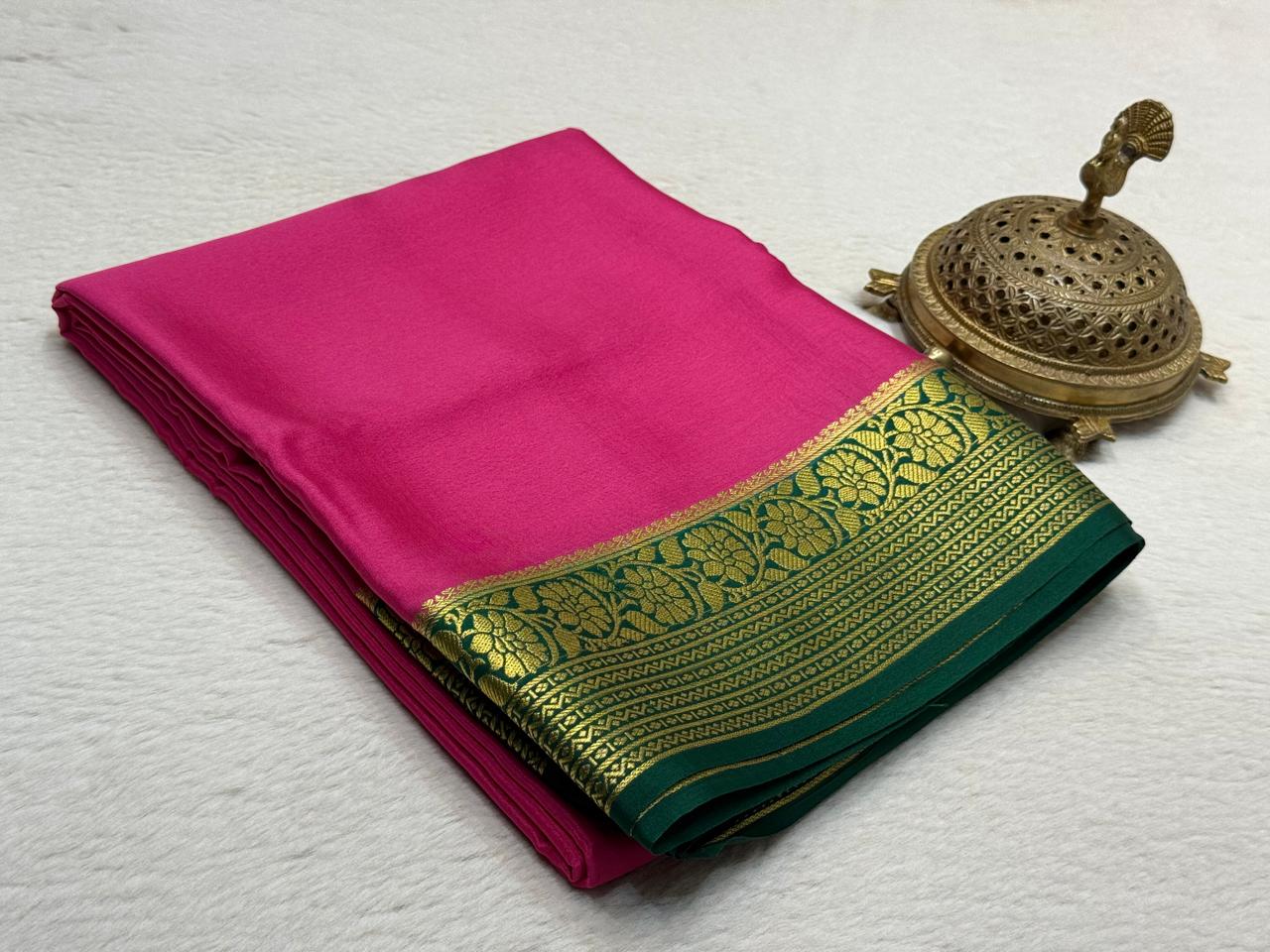 Premium Mysore Silk Saree Featuring Floral-Lines Border and Stunning Solid & Contrast Hues