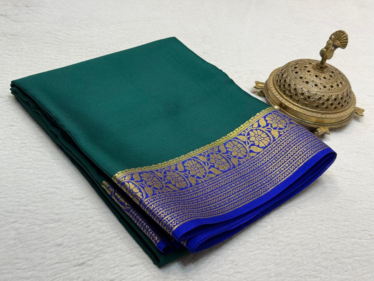 Premium Mysore Silk Saree Featuring Floral-Lines Border and Stunning Solid & Contrast Hues
